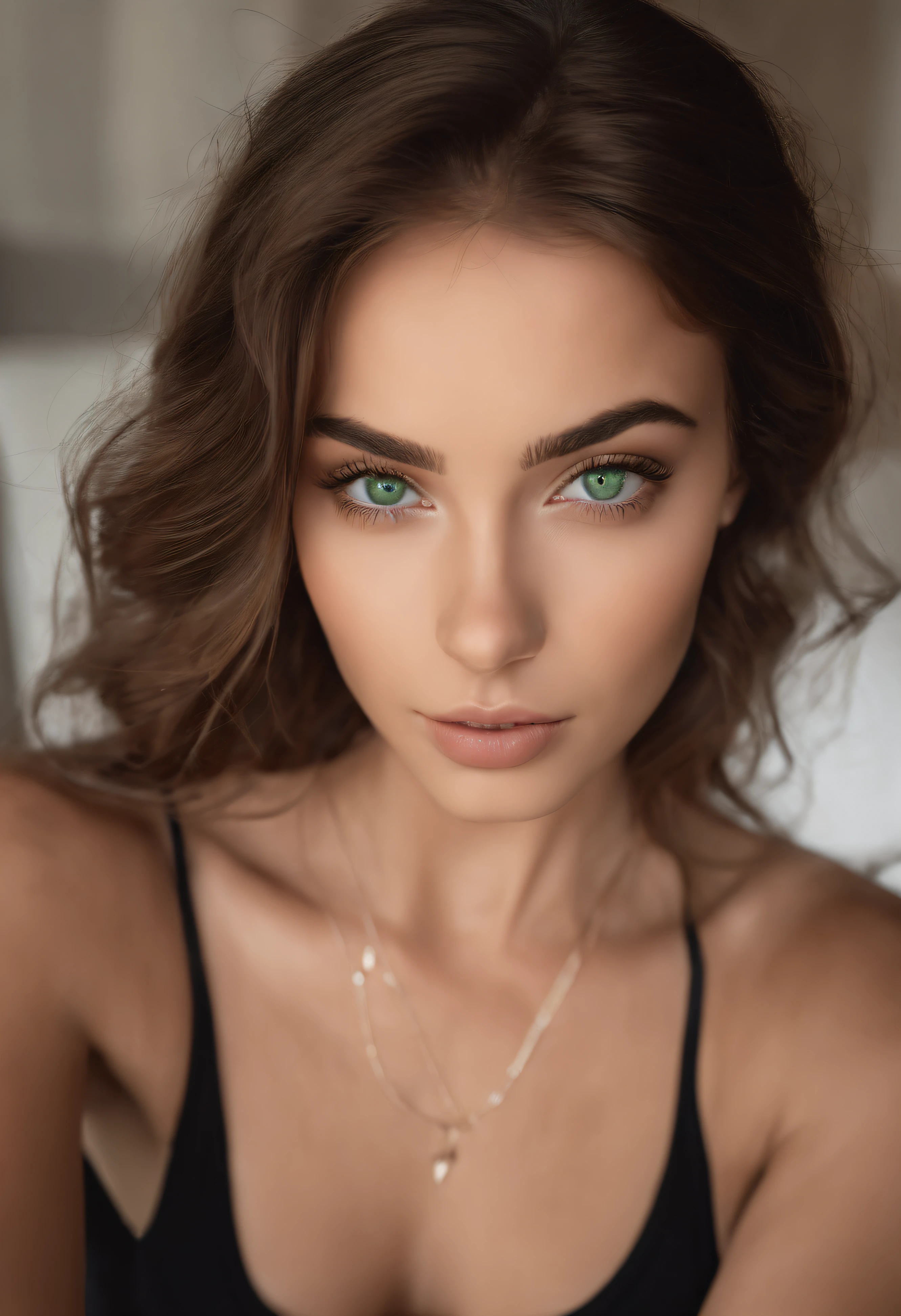 femme arafée avec un débardeur blanc et un collier, sexy girl with yeux verts, portrait sophie mudd, cheveux bruns et grands yeux, super réaliste, 4K, selfie d'une jeune femme, yeux de la chambre, violette myers, sans maquillage, maquillage naturel, regarder directement la caméra, visage avec artgram, maquillage subtil, yeux verts, jolie fille, pose sexy, portrait, déesse brune, détail élevé
