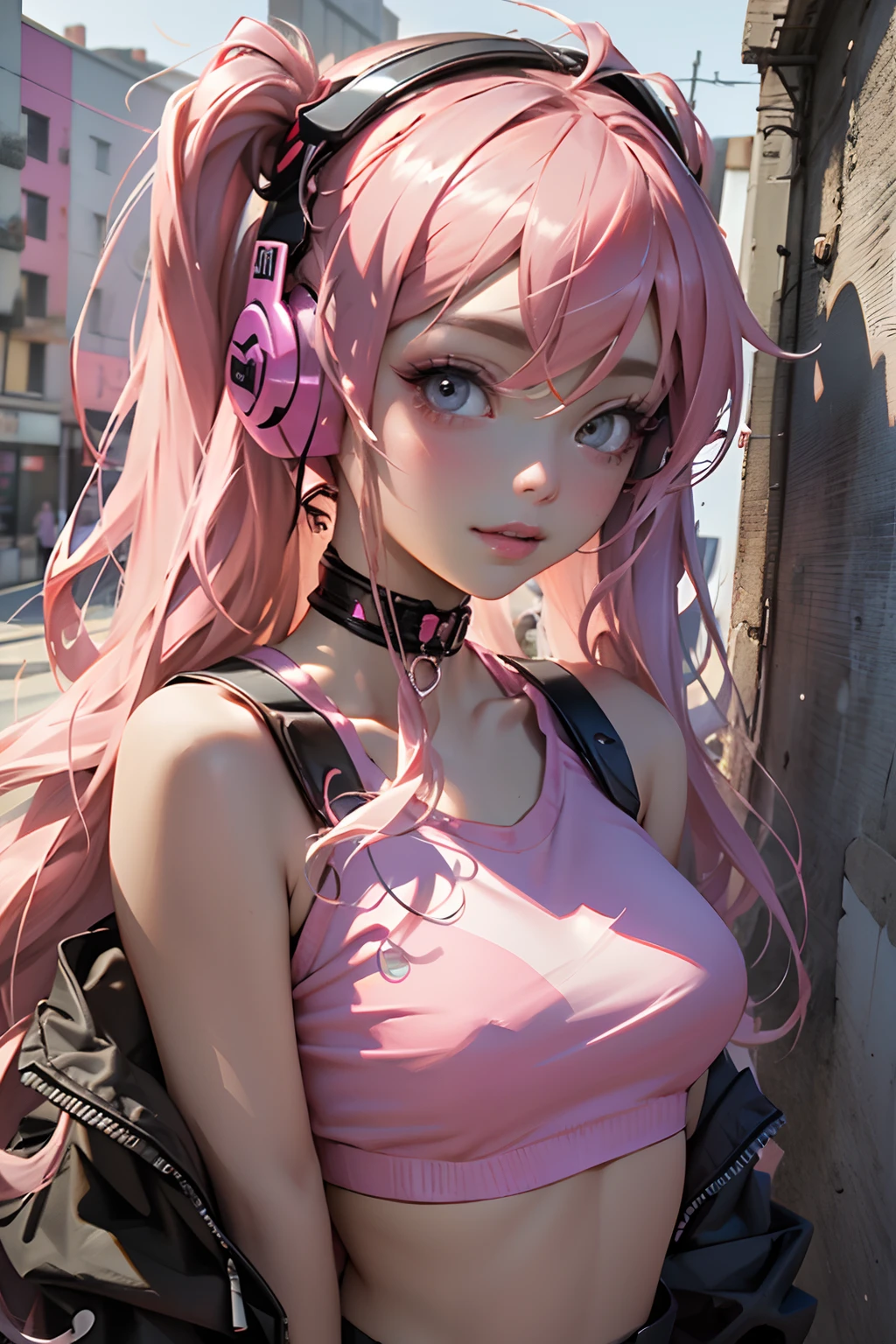 Beautiful woman pink twin tail long hair、cyberpunk style short clothes、Heart-shaped choker、headphones、gazing at viewer、front facing、A slight smil、London cityscape