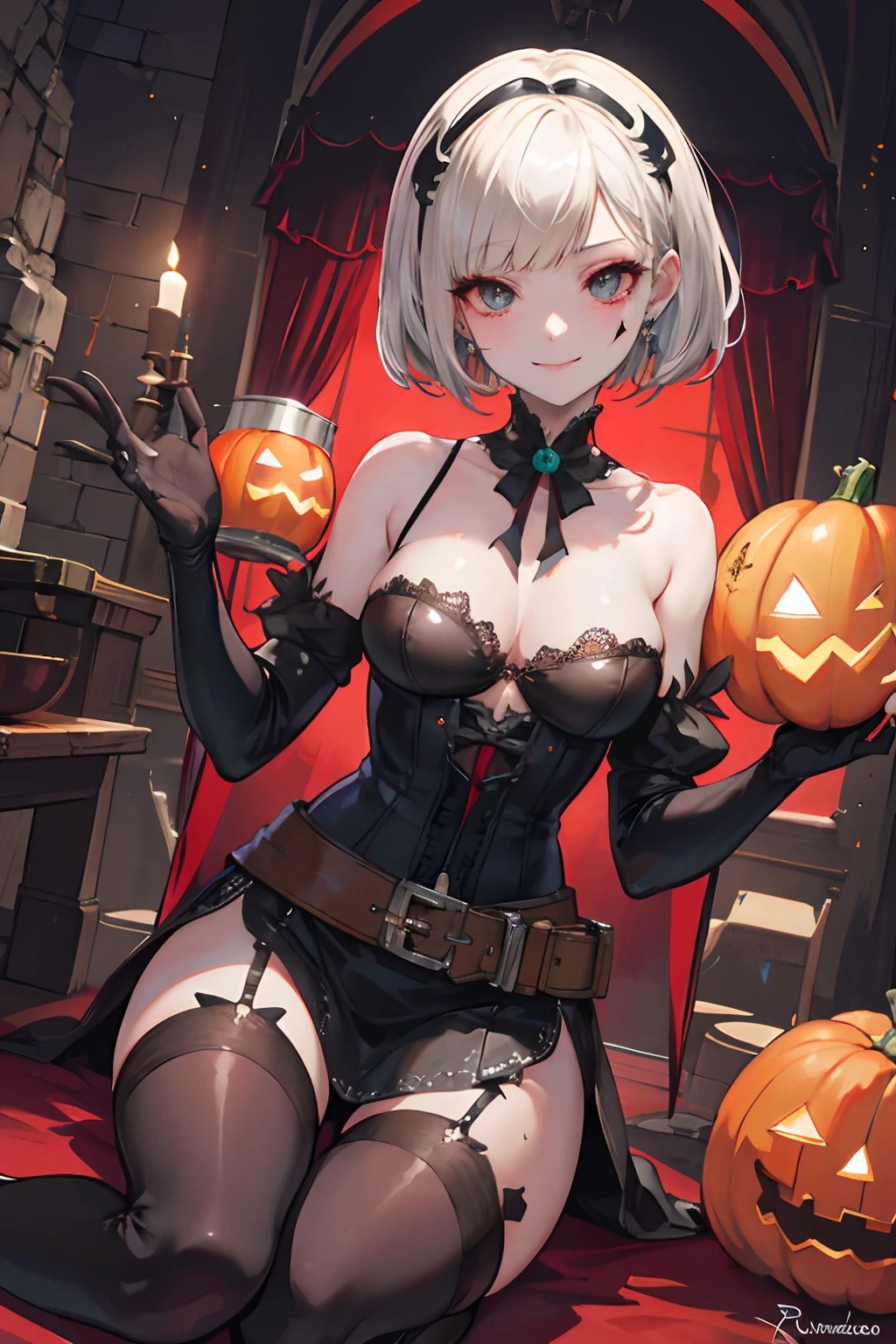 Gwen Tennyson,Trazador,Encontrar,Rebecca Chambers,Nier Automata,Chica sola,cerrar,Luz de la luna,ghotic lolita,Falda victoriana steampunk,Pirate corset,Disfraz de carnaval,Joyas de cuello rojo,tatuajes corporales,liguero,pelo corto,pendientes de sangre,Vestido de noche,Sosteniendo una copa de vino,Pueblo de calabazas,Castillo de Halloween,Bats,Goth makeup,Calabaza brillante,ojos verdes,cabello naranja,coy smile,Pecas,pelirrojo,beautiful  girl,senos grandes,Medias,goth boots,Ultra detallado,realista,fantasy art, sexy, trono vampirico, sentada,