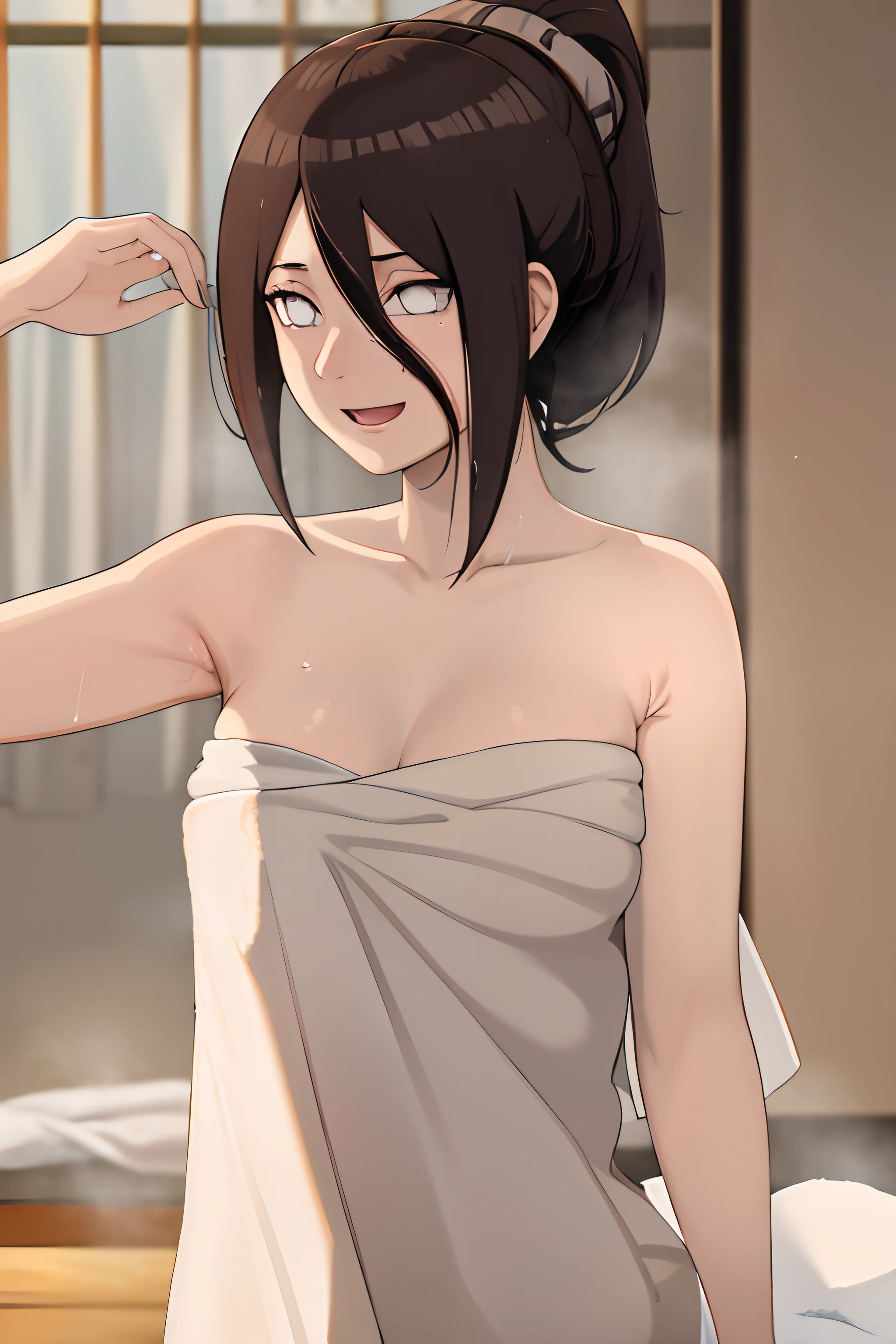 masterpiece, absurdres , (intricate details), (colorful),cinematic lighting,bust shot,extremely detailed CG unity 8k wallpaper,masterpiece, absurdres ,hyuuga hanabi, 1girl, white eyes, no pupils,towel, breasts, blurry background, smile, open mouth, ponytail,looking at viewer,  white eyes, hair up, naked towel, blurry, from side, bathroom, shower head,bathtub,  after bathing,