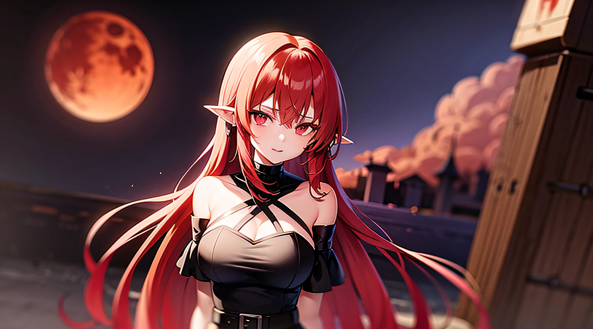 anime girl with red hair and black outfit standing in front of a snowy mountain, pink twintail hair and cyan eyes, messy black / red hair, final fantasy 14 style, she has red hair, 8 k character details, with red hair, she has long redorange hair, glowing crimson head, render of april, with curly red hair