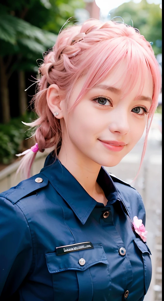 (ultra-detailliert), police uniform with、Blue eyes,The upper part of the body、a closeup、faces、(A smile:1.5),(facing front:1.2), 20yr old, s girl,no tail,(no tail),2D, masterpiece, top-quality, animesque, A detailed eye, A detailed face, girl with, Only 1 person,Medium hair with pink hair, (Pink hair), Ear Hair, small tits, Single braid, (Single braid), (Side braid), Background bokeh