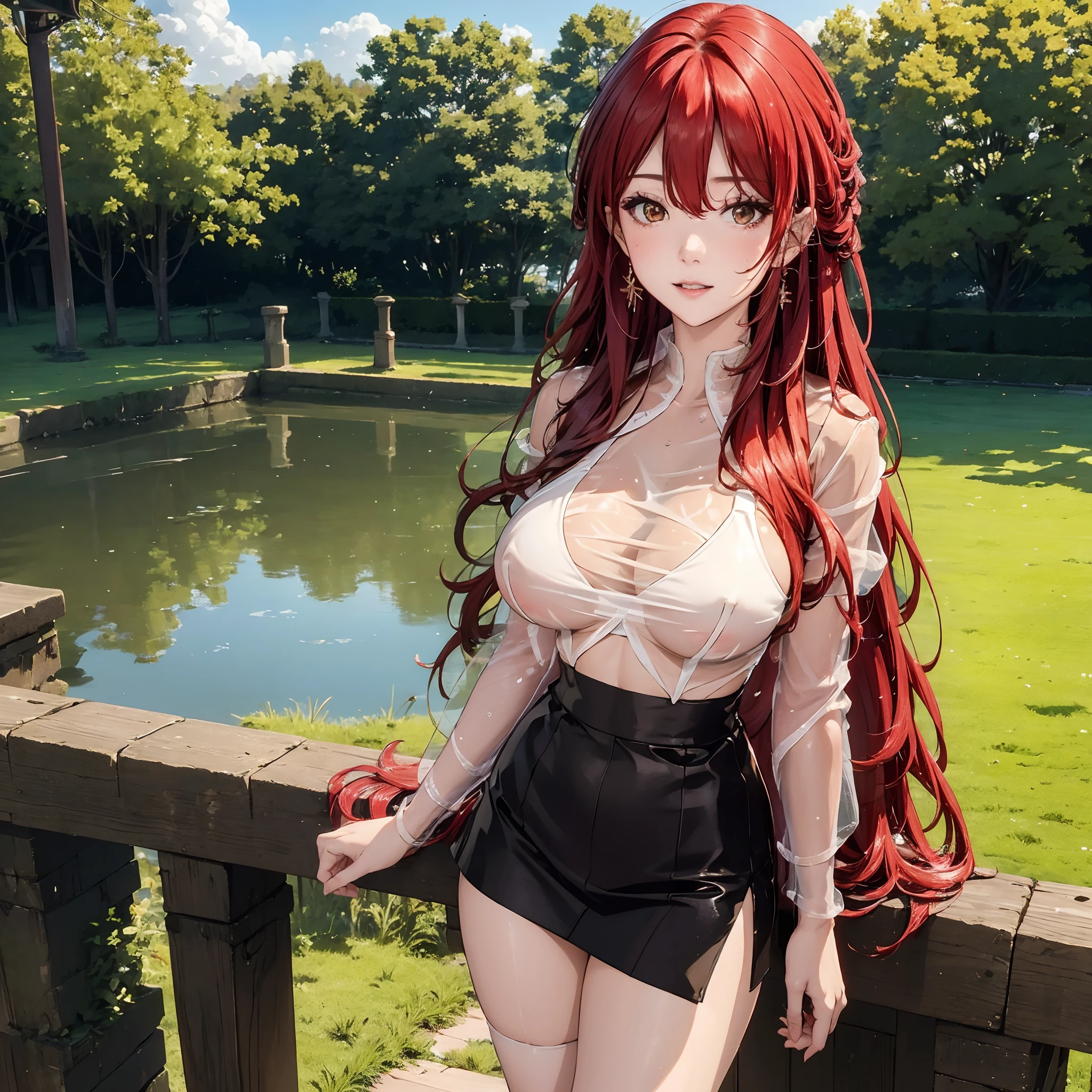 Masterpiece, best quality, highres, highly detailed, 1 girl, long hair, red hair, caramel eyes, large breast, white sleevess shirt, black bra, The bra is see-through from the outside, black skirt, black panties, pubic hair, nipple perked out from under bra, she wet, outdoor, public park, looking at viewers