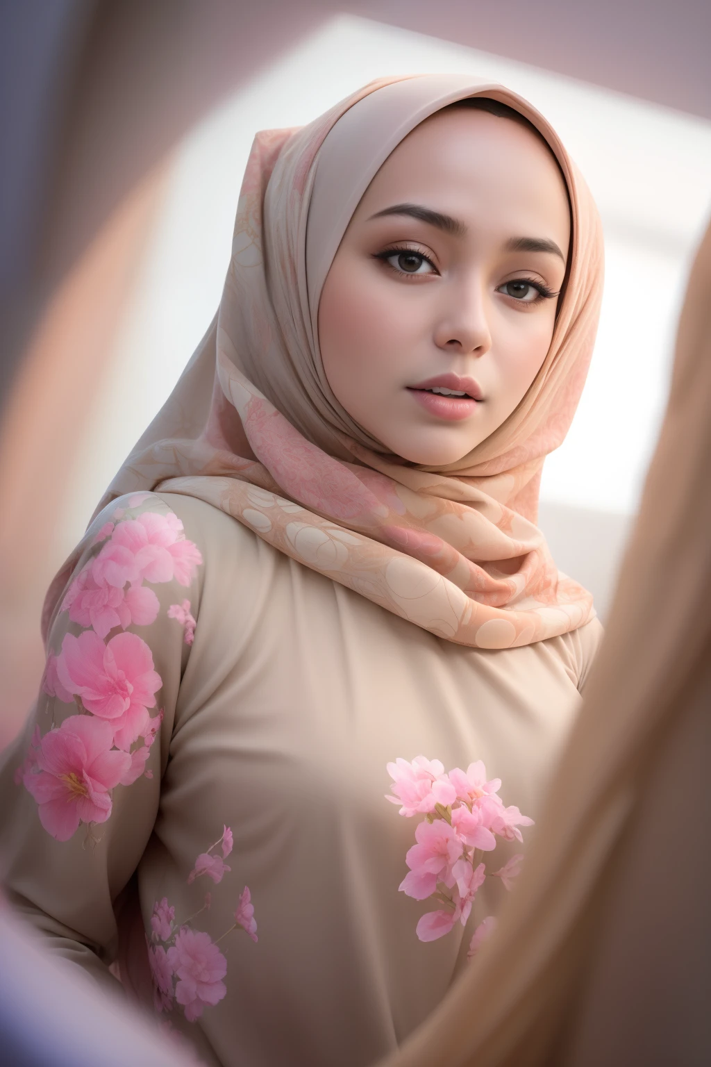 1 malay girl in hijab, solo, flower field, blossom, (white smoke:1.3) (photorealistic:1.4), zentangle, mandala, entangle, official art, unity 8k wallpaper, ultra detailed, beautiful and aesthetic, masterpiece ,best quality, (dynamic angle:1.4), glowing skin, (floating colorful sparkles:1) the most beautiful form of chaos, elegant, a brutalist designed, vivid colours, romanticism depth of field exotic_dance, half_naked