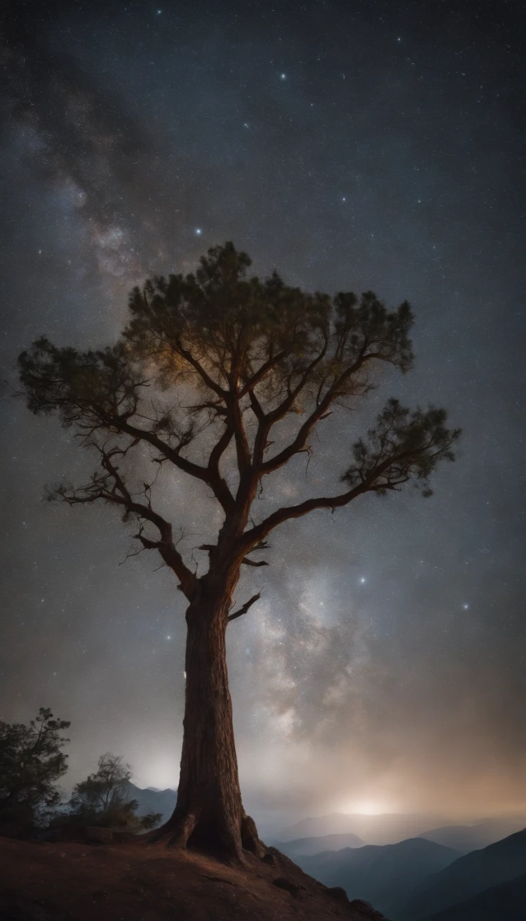 Mountain in heaven with night full of starts with spidermen side tree