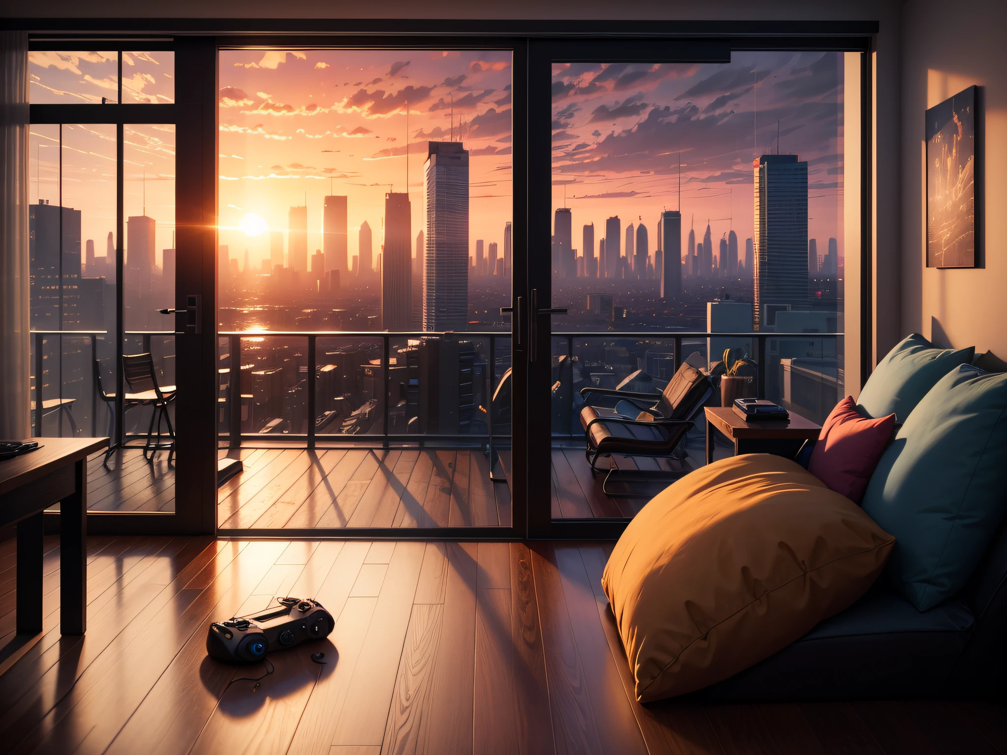 gamer room, window to the city at sunset, rainy weather, ultra-realistic 4K definition, enhanced lights