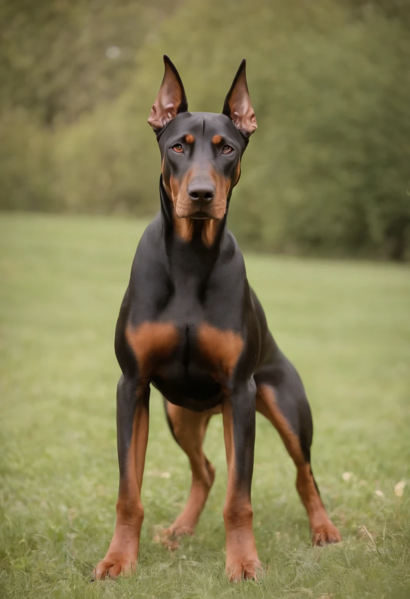 Please create an image of a Doberman with an extremely intimidating appearance, gazing directly at the observer with piercing eyes and a facial expression that conveys malice and determination. Ensure that the intensity of the Doberman's gaze is palpable in the image.