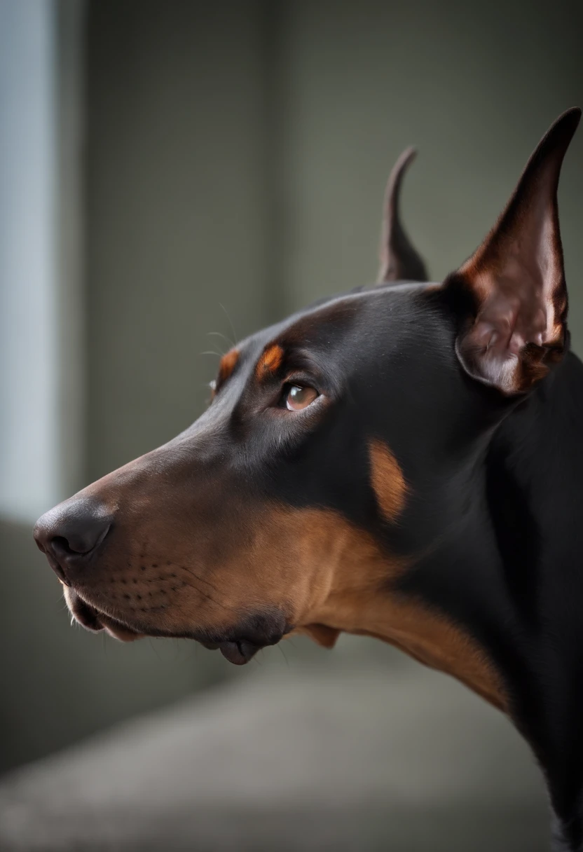 Please create an image of a Doberman with an extremely intimidating appearance, gazing directly at the observer with piercing eyes and a facial expression that conveys malice and determination. Ensure that the intensity of the Doberman's gaze is palpable in the image.