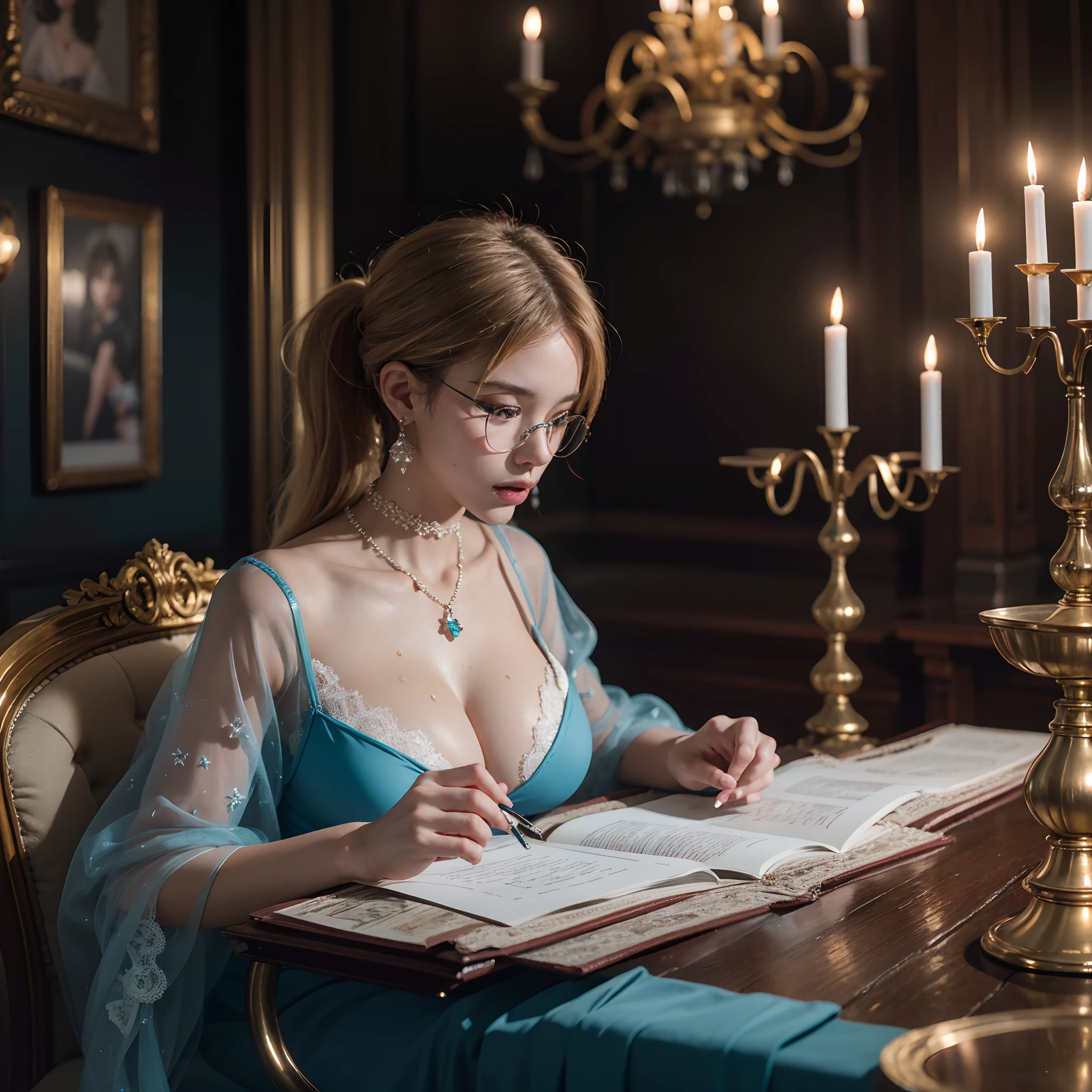 Inside the Baroque style library, 1 european 25 y. o. woman sitting at the table writing a letter, in antique armchair, in front of her glass of wine, candlesticks with candles, soft blurry front light, jewels, pendant made of glass, perfect face, rule of thirds, realistic blue eyes, short ponytail hair, highly detailed blonde hair, on one hand only four fingers + one thumb, proportionate physique, elegant antique environment, in the background columns and statues made of glass, in18th century Baroque style darkened room, antique furnitures, beautiful princess，perfect face, beautiful face, perfect female body, mature female，crown，sexy blue lace gossamer cloak，sexy blue lace gossamer coat，sexy blue lace gossamer shawl，sexy blue gossamer skirt，sexy blue lace underwear，sexy blue lace thong，blue lace gloves，stockings，necklace，earrings，single eye glasses，jewels，jewelry，head ornaments，hands ornaments，legs ornaments，high heels，huge breasts，large breasts，big boob，Burst breasts，Big breasts，Plump breasts，Expose breasts，bare breasts，Narrow waist，Bare ass，big ass，bare belly，bare navel，wet，wet body，sweating body，shiny skin，pubic hair，draperies, bokeh, glow, reflections, soft light rays, neutral colors, insanely intricate details, amazing fine detail, photorealistic, hyperrealistic, lifelike texture, dynamic composition, contrast lighting, cinematic lighting, filmstill, sharp focus, wide angle, ((great depth of field)), raw photo, photon metering, dslr, 8k, ultra high res, hyper detailed, Award - winning photograph, Masterpiece, photography with Hasselblad, f5.6 lens 500mm, Kodak Portra 400 4x5,