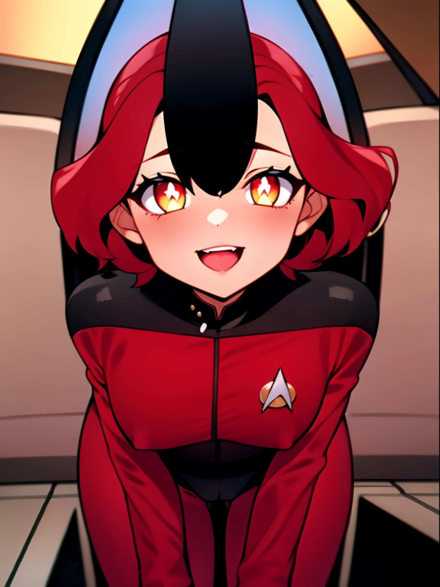 Outstanding picture quality, outstanding details, Ultra-high resolution, (Realism: 1.4), ((close up:0.75)), the best illustration, favor details, Highly concentrated for ung Martian woman, beautiful and delicate face, Short tousled hair, Painted in fiery scarlet color(Vermilion hair), Brilliant golden eyes with vertical pupils, Playful look, Bronzed Skin, naughty fanged smile, Perfectly proportioned, (Slim:0.3, little chest), Wear a very tight fit (Deep cameltoe) Monolithic silver shiny Starfleet jumpsuit, I love metallic red, inside a spaceship, Spacecraft control panel, The captain's bridge of the spaceship in the background, sexy playful pose, full-length from a short distance