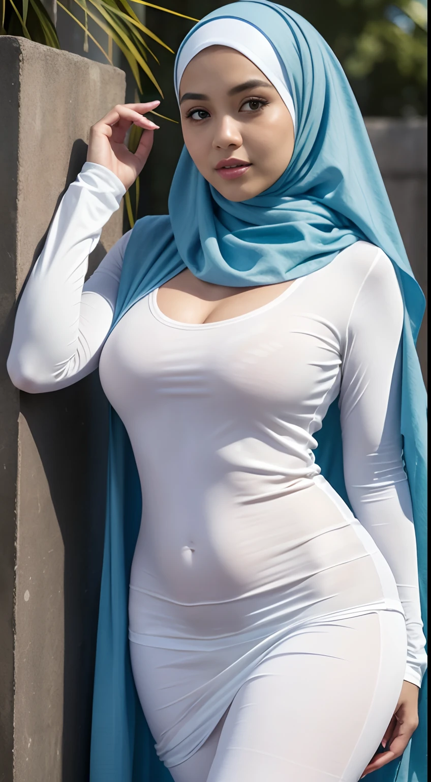 RAW, Best quality, high resolution, Masterpiece: 1.3), Beautiful Malay woman in hijab, Masterpiece, Perfect slim body, (Big breasts), Beautiful big eyes, Soft smile, Wearing a long, fine knit turtleneck t-shirt,Hair tie, morning walk, City park, Good lighting, Bright colors, Clean linesclose up image of a Malay woman wearing a hijap in a white shirt and blue shawl, wearing a white hijab, wearing a blouse with white sleeves, clear curved details, a seamless white tights suit, open chest v shirt, open jacket wide cleavage, the shirt is touching, beautiful design, close photo up half body, close up photo, attractive feminine curves, wearing a shirt, hijab, revealing clothes