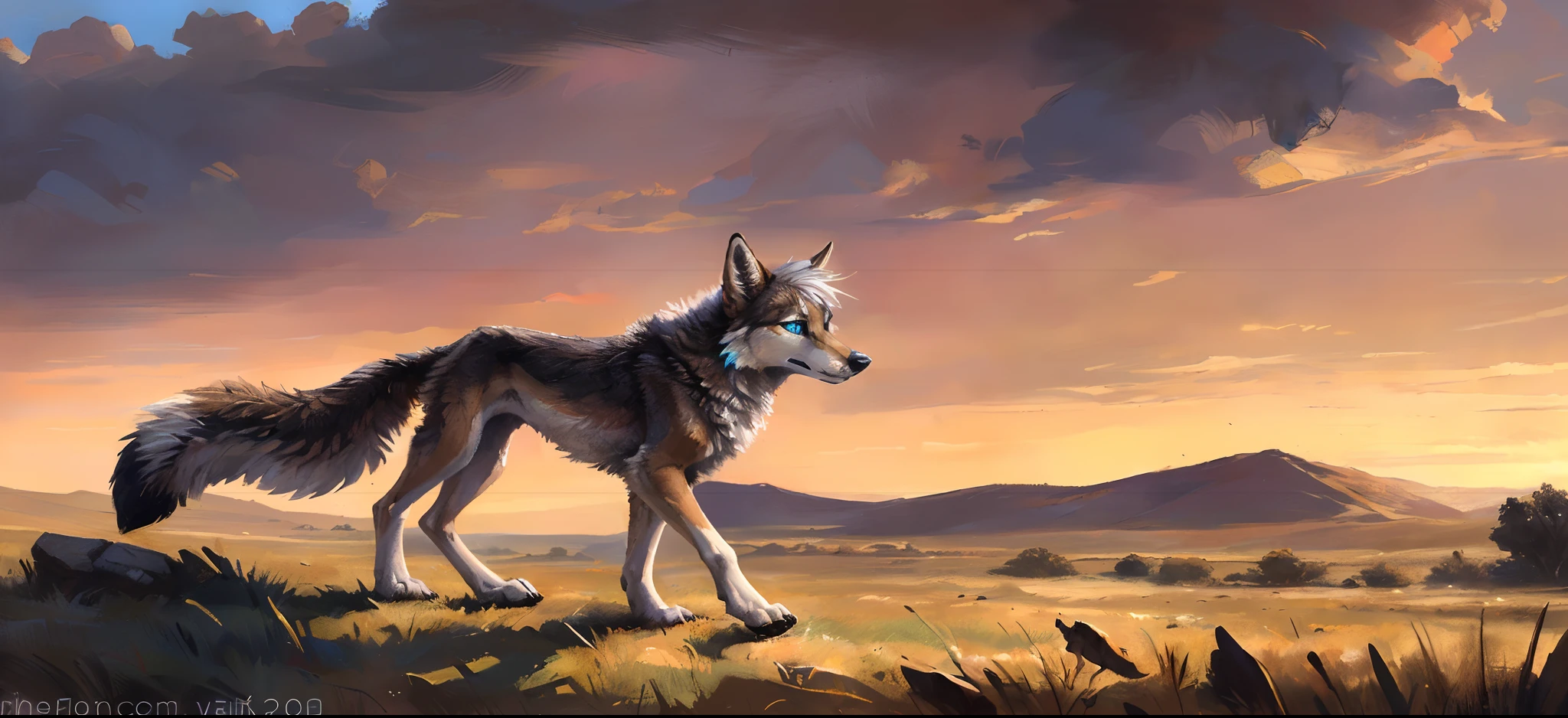 ((Solo)), Male, coyote, (Multi-colored fur, White-brown:1.3,White tail pointed), ((Wolf face, White hair, Big eyes, White eyelids, Blue pupil, Slim:1.2) (Tough, Calm expression:1.2)), Robust,Slim, pinging)), (Correct body anatomy), A big tail,Feet,Longer torso,Well-proportioned limbs,(Realistic fur, Detailed fur texture, labeled:1.3)), (Natural lighting), Photorealistic, Hyperrealistic, ultradetailed, by Kenket,Naked all over the body,Endless grasslands,Walking