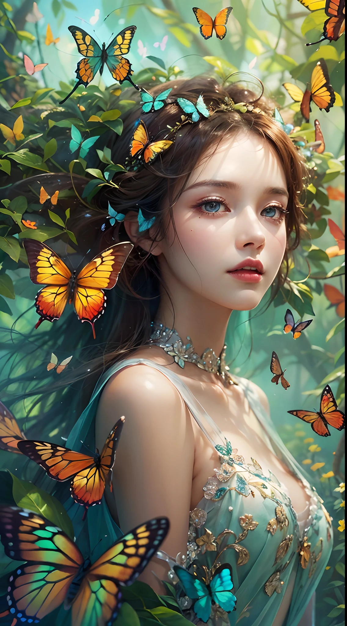 A woman with butterfly wings, Beautiful detailed eyes, Vibrant colors, Exquisite features, posing elegantly, Ethereal lighting, Fantasy artwork, A high resolution, Vivid colors, Magical atmosphere, style of surrealism, dreamlike landscapes, Soft focus, whimsical details, floating dress, fluttering butterflies, enchanting Garden, mesmerizing beauty.