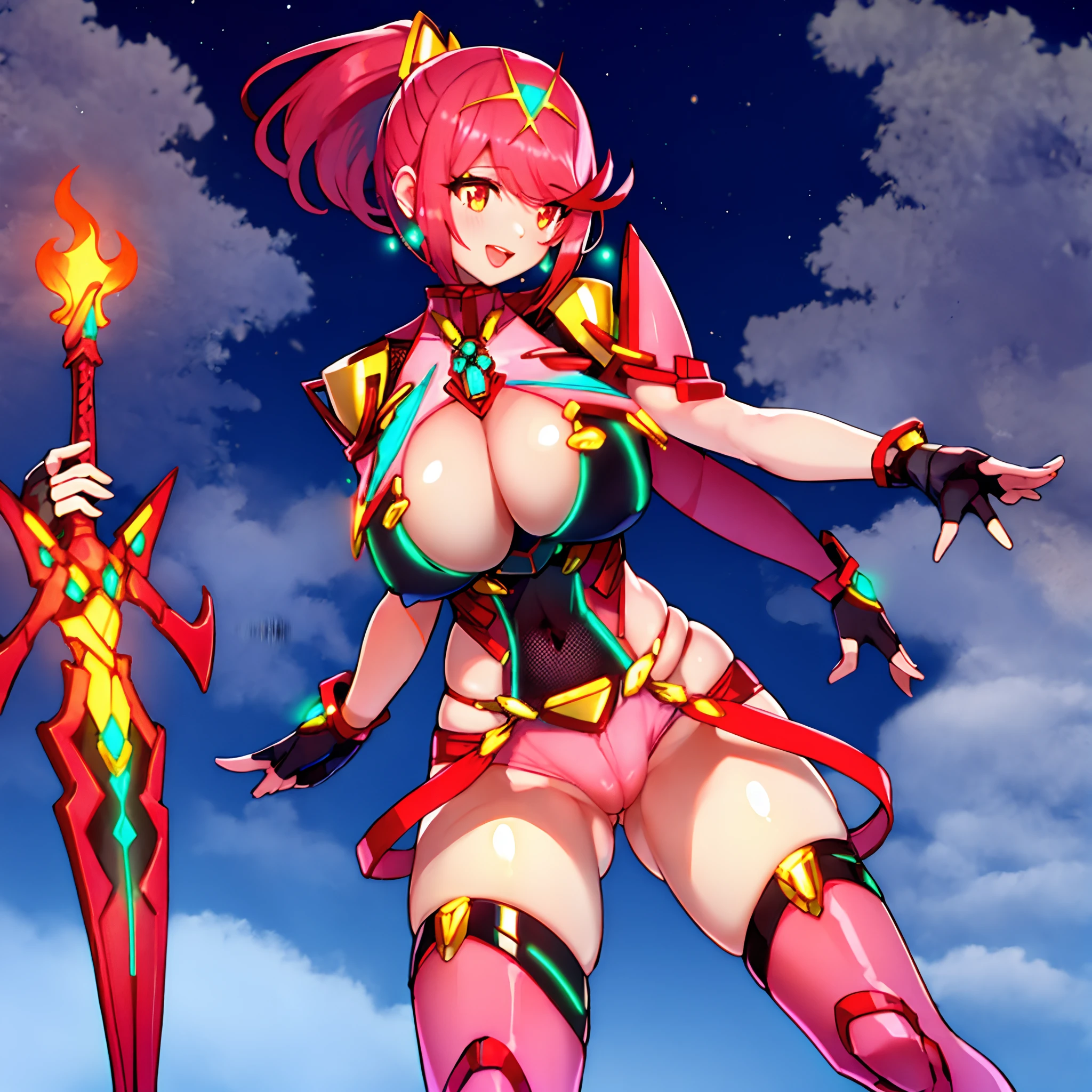 pyra \(xenoblade\), teen_1girl, loli, bangs, black gloves, breasts, red eyes, shout, earrings, eyelashes, fingerless gloves, floating hair, , gem, gloves, hair ornament, headpiece, jewelry, gigantic_breasts, leaning back, swimsuit, neon trim, official art, pose, red hair, saitou masatsugu, short hair, sidelocks, skin tight, solo, swept bangs, thighhighs, tiara, fantasy_town_background, underbust, xenoblade chronicles \(series\), (xenoblade chronicles 2), (spread_legs:1.1), fire_effect,dynamic_pose,fighting,light_smile, (plump:1.1), big_ass,huge_sword, hold_large_sword_hilt, covered_nipples, covered_pussy, fists,ponytail,beautiful_fingers,(solo:1.1), bare_shoulder,(shoulder_naked:1.2), nipple_jewel,back, back_view, focus_ass,ass, very_short＿shorts