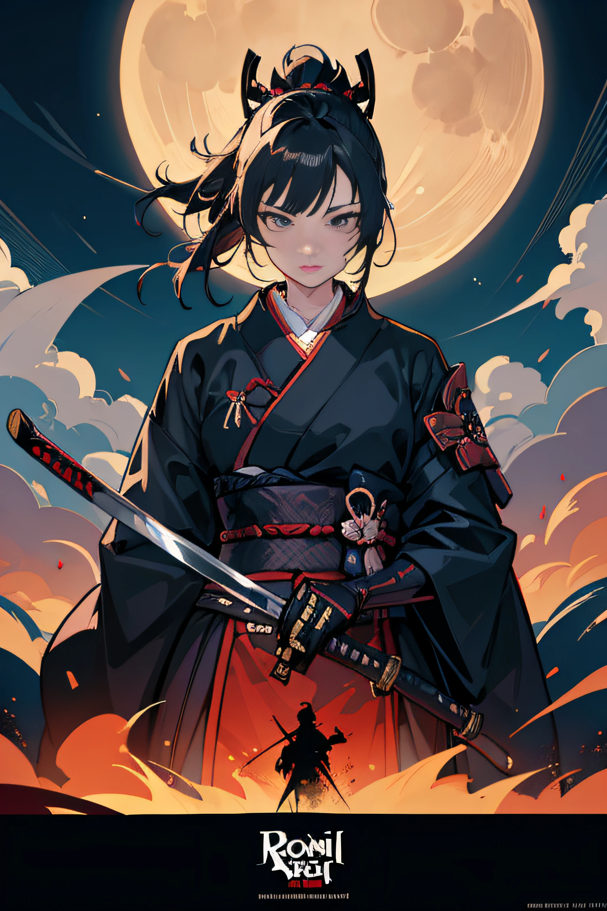 (Masterpiece, Best Quality), 8k Wallpaper, highly detailed, sexy female ronin, samurai, katana, japan, night, moonlight, vector style art, erotic, movie poster style, lettering.