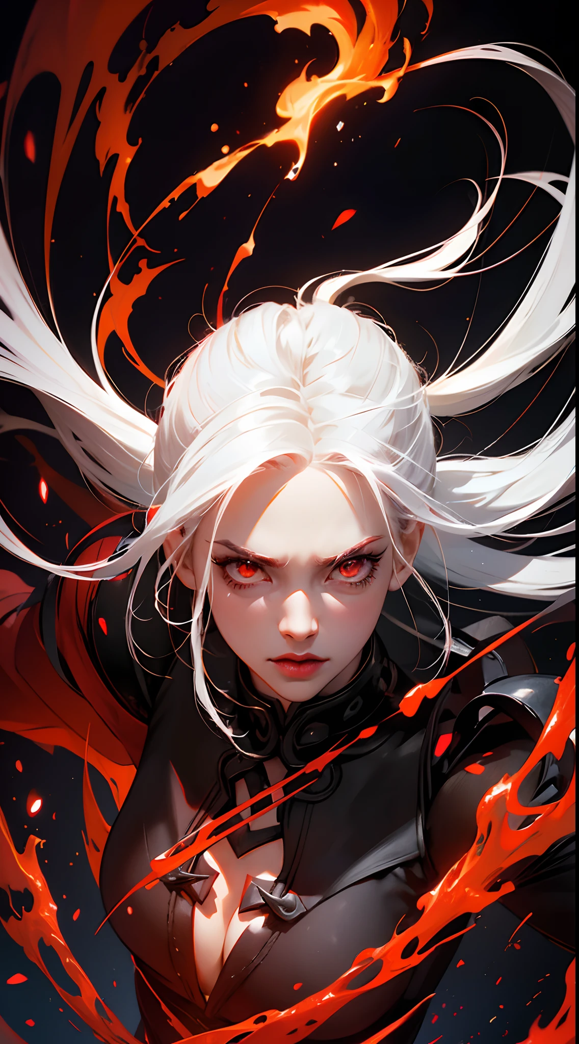 female demon, black background, red energy magic, red glowing eyes, white hair,fair skin, dynamic pose, kawaii, fit build, gorgeous perfect face, in the style of realistic and hyper detailed renderings, zbrush, hyper realistic oil, contoured shading, darkness,in the hell,fire