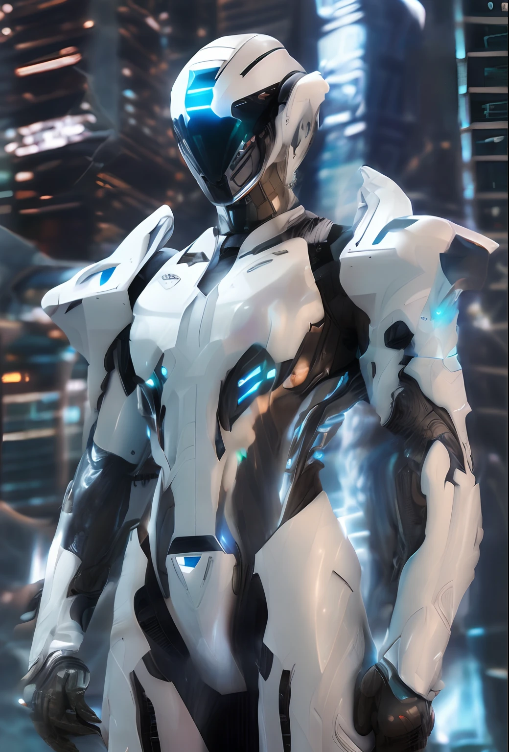 body suit, white and blue suit, futuristic suit, white gauntlets, white gloves, white hands, skin tight bodysuit, toned male, teenager, young male, futuristic gas mask and vizor, bodysuit, futuristic, sci fi, hands seen, hair visible, solo male, full body seen, white hair,