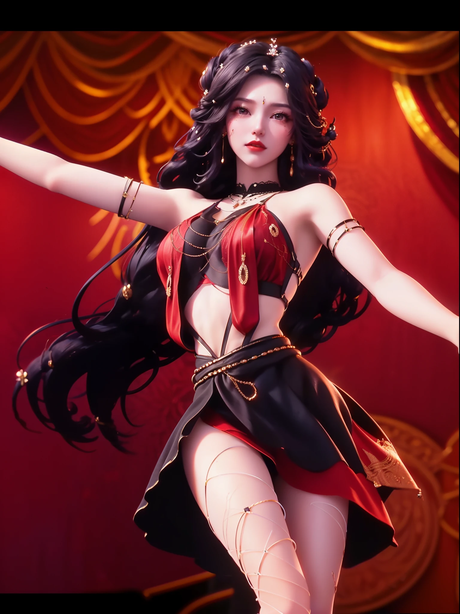 1 beautiful and sexy 20 year old girl, ((Wearing an ultra-thin red dress:1.6)), Diamond dress, ((Long black purple hair:1.6)), bangs, Jewelry made of gemstones and beautiful hair, ((Wear a black lace necklace:1.4))), Noble, The noble demeanor of a very beautiful girl, Her little face is super cute, Her face is beautiful, Thin eyebrows, flawless and beautiful face, ((black eye pupil: 0.8)), verybeautifuleyes, ((Black eyes: 1.6)), Beautiful makeup and hair detailed eyelashes, Hot eye makeup, High nose, Earrings, Red lips, ((Closed mouth: 1;5 )) Beautiful lips, Slim hands, The most beautiful thighs, ((Spread your arms to the sides: 1.5) ), Rosy face, Clean face, flawless and beautiful face, Smooth white skin, (Big breasts: 1.5)), ((high breasts: 1.6) ), Big taut breasts, The beautiful, (((and super rounded: 1.8))), ((Ultra-tight breasts: 1.7)) , Beautiful breasts, Perfect body, back arms, Chest out, Black thin mesh stockings,Black lace trim, (((Exposing the abdomen))), Don't be shy, 8k photograph, Super high quality, Super realistic, More than 10x pixels, lightwave, Bright Studio, Bright edges, twotonelighting, (High-detail skin:1.2), Super 8K, Soft lighting, High quality, voluminetric lighting, Photorealistic, Realistic high resolution, lighting, best photos, 4K, 8K quality, blurry effect, Smooth and sharp, 10 x pixels, ((Red flower background:1.5)), aurora, Lightning, Ultra-realistic graphics, The most realistic graphics, Alone, Solo, Extremely sharp images, Surreal,《((((((Squat,spread their legs,Long legs,high-heels,Full body photo))))))》