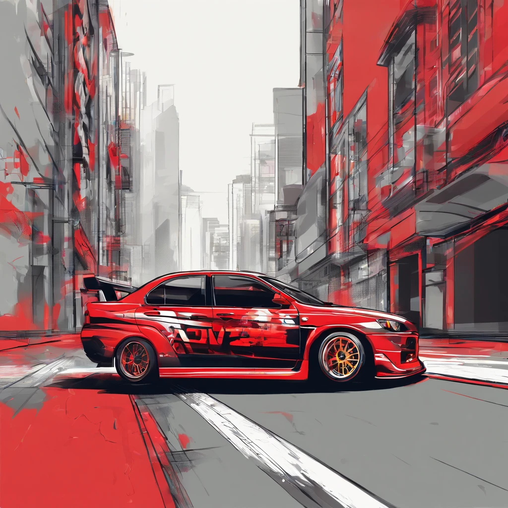 Simple design for t-shirts, flat design, red Evo 9 car drifting on the street, black background, city background, vector art, simple colors, Tricolors, realistic cars, simple colors, simple background