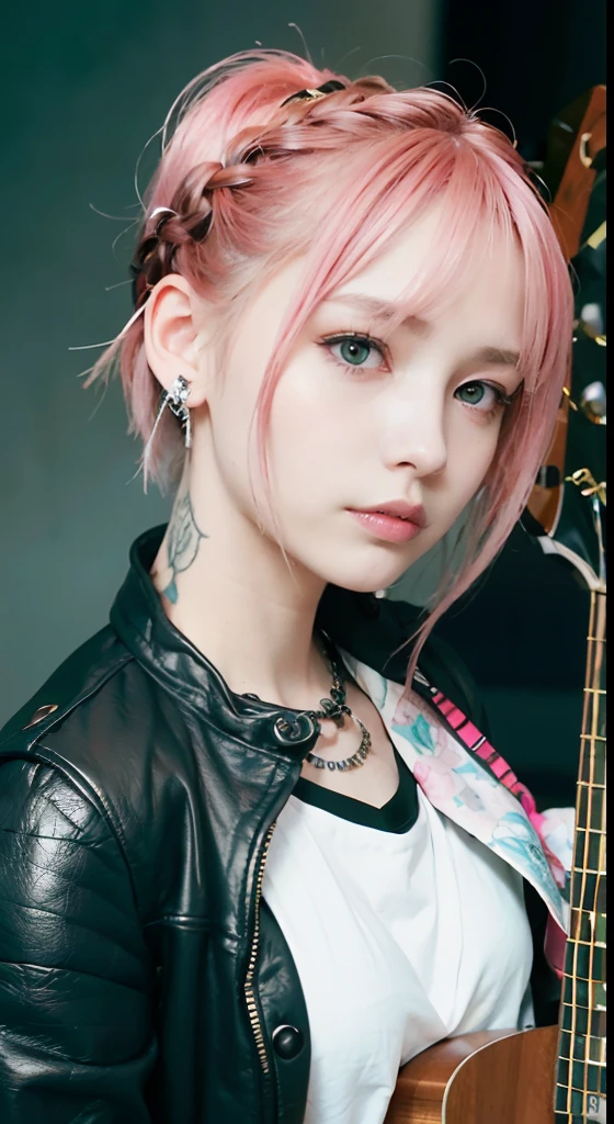 (masutepiece), (Portrait), (Aesthetic), (cute little), (upper blody), (High quality), (aesthetic clothings), (professional angle), (thirds rule), (Feminine), (Woman), , (Beautiful),(Feminine features), (18year old:1.4), Solo, 1 woman, (Charming punk girl), Blue eyes,faces、(A smile:1.5),(facing front:1.2),Dramatic light, ((Playing guitar)), (Small bust), ((electric guitar)), (Front face), (Leather jackets and tattoos), ((Short hair)), (dyed (E.G. and pinks) hair), (spiky hair), (Thick hair), Matte Shine Hair, (Hair bands scattered in the hair), (Bold and bold look), (pale skin), (Dark clothes), (Band T-shirt), (Ripped jeans), ((Live House Background)), (up close shot), Beautiful hands, Two hands, normal hands, Two arms, complete hands, Beautiful body, Beautiful fingers, normal fingers, Five Fingers, Five Fingers, (Thumb index finger ring finger), Beautiful ears, normal ears, Beautiful eyes, shiny eyes, Beautiful mouth, Beautiful lips,Medium hair with pink hair, (Pink hair), Ear Hair, small tits, Single braid, (Single braid), (Side braid)