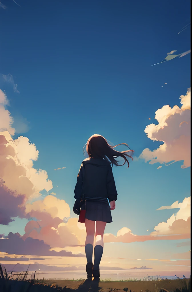 Vast landscape photo, girl standing up at the sky, clouds, buildings, countryside,