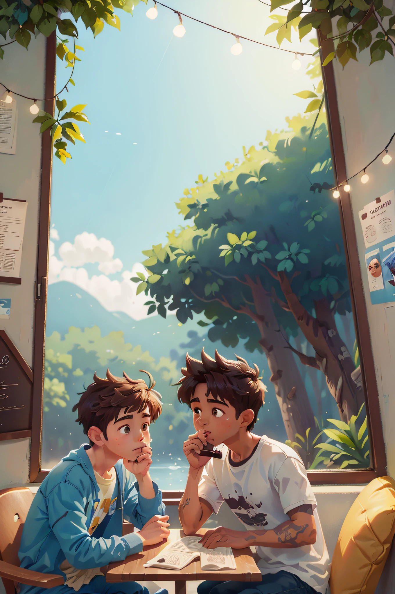 Na Cafeteria: 3D oil painting style, hiper-realista. Arthur e Miguel escutam um estranho misterioso falar da Ilha de Chocolate. Interior ambience with soft pastel tones.