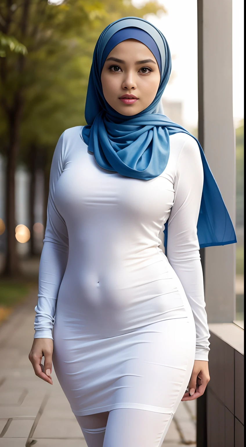 RAW, Best quality, high resolution, Masterpiece: 1.3), Beautiful Malay woman in hijab, Masterpiece, Perfect slim body, (Big breasts), Beautiful big eyes, Soft smile, Wearing a long, fine knit turtleneck t-shirt,Hair tie, morning walk, City park, Good lighting, Bright colors, Clean linesclose up image of a Malay woman wearing a hijap in a white shirt and blue shawl, wearing a white hijab, wearing a blouse with white sleeves, clear curved details, a seamless white tights suit, open chest v shirt, open jacket wide cleavage, the shirt is touching, beautiful design, close photo up half body, close up photo, attractive feminine curves, wearing a shirt, hijab, revealing clothes