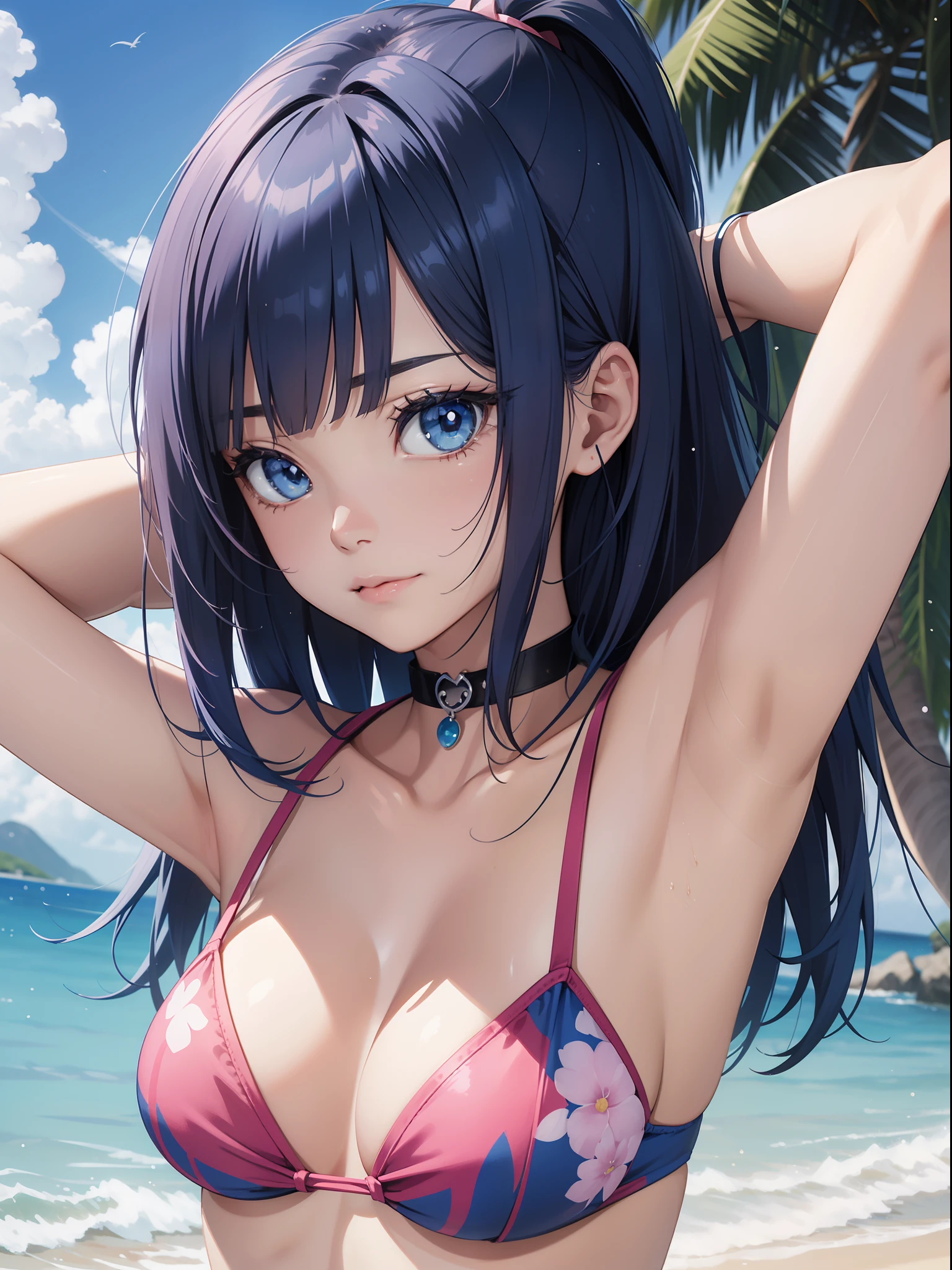 Official art、Top quality ultra-detailed CG art、a beauty girl:1.2)、Blue hair、Glossy hair、smooth hair、large blue eyes,Mid summer、kawaii、The sky is beautiful、Cute、bob cuts、Pink choker、Light blue swimsuit、ssmile、