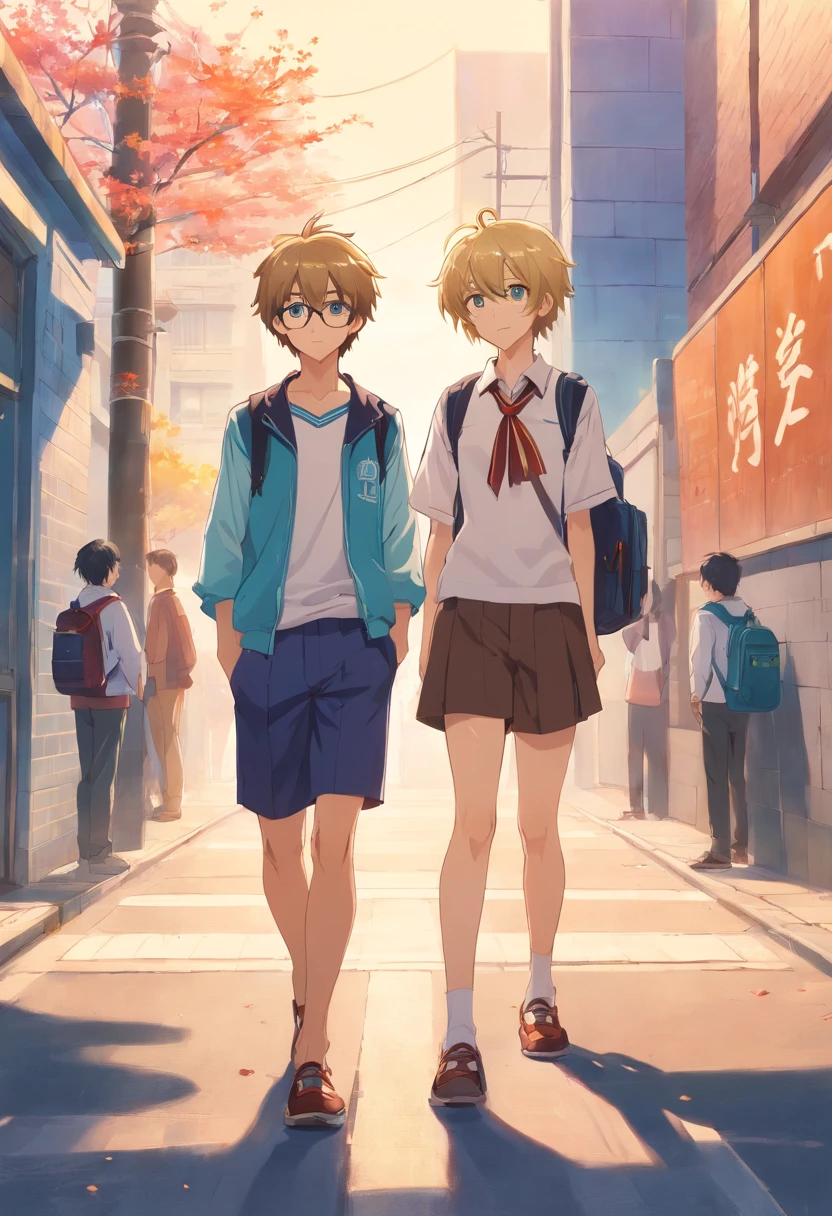 Two high school boys are standing and having a conversation。japanese hight school uniform、I'm wearing a school run。One of them had dyed blonde hair.、I don't wear glasses。The other has black hair.、I'm a nerd with glasses。Both of them are Japan。The blonde boy is naked eyes。
