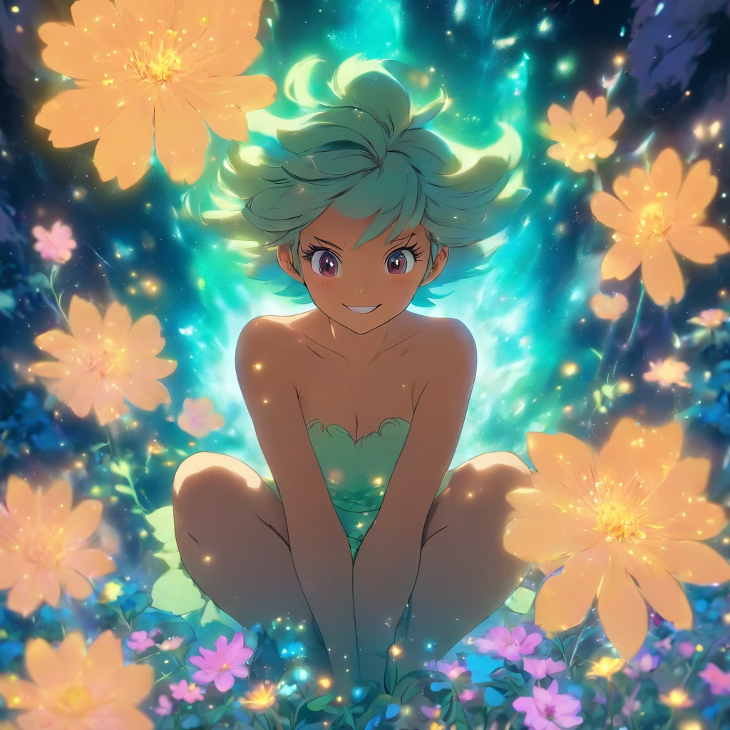 comics. Full length photograph. Line drawing of a beautiful fairy girl with short hair and an archaic smile wearing cosmos flowers on bare skin, squatting with legs open, large breasts open.