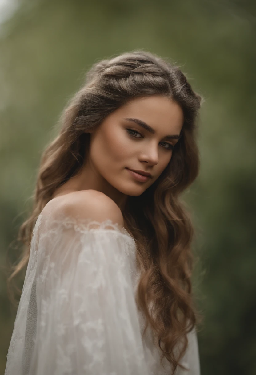 premier quality, High image quality, Masterpiece, cheveux gris, golden eyes, white Clothes, levant les yeux, Haut du corps, Hairline, peau claire, Lateral braids, Souriant, dents doubles