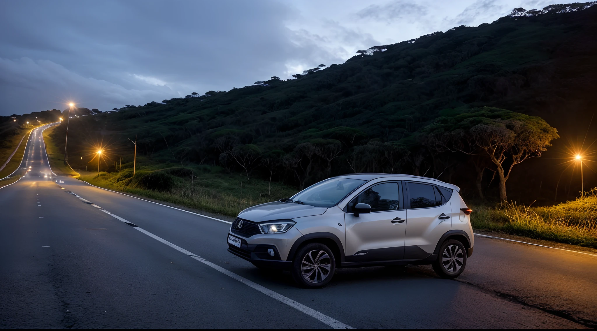 Carro parado na beira da estrada,farol aceso,noite escura chuvosa,clima tenso, assassino se aproximando,alta qualidade,foto realista aproximada,