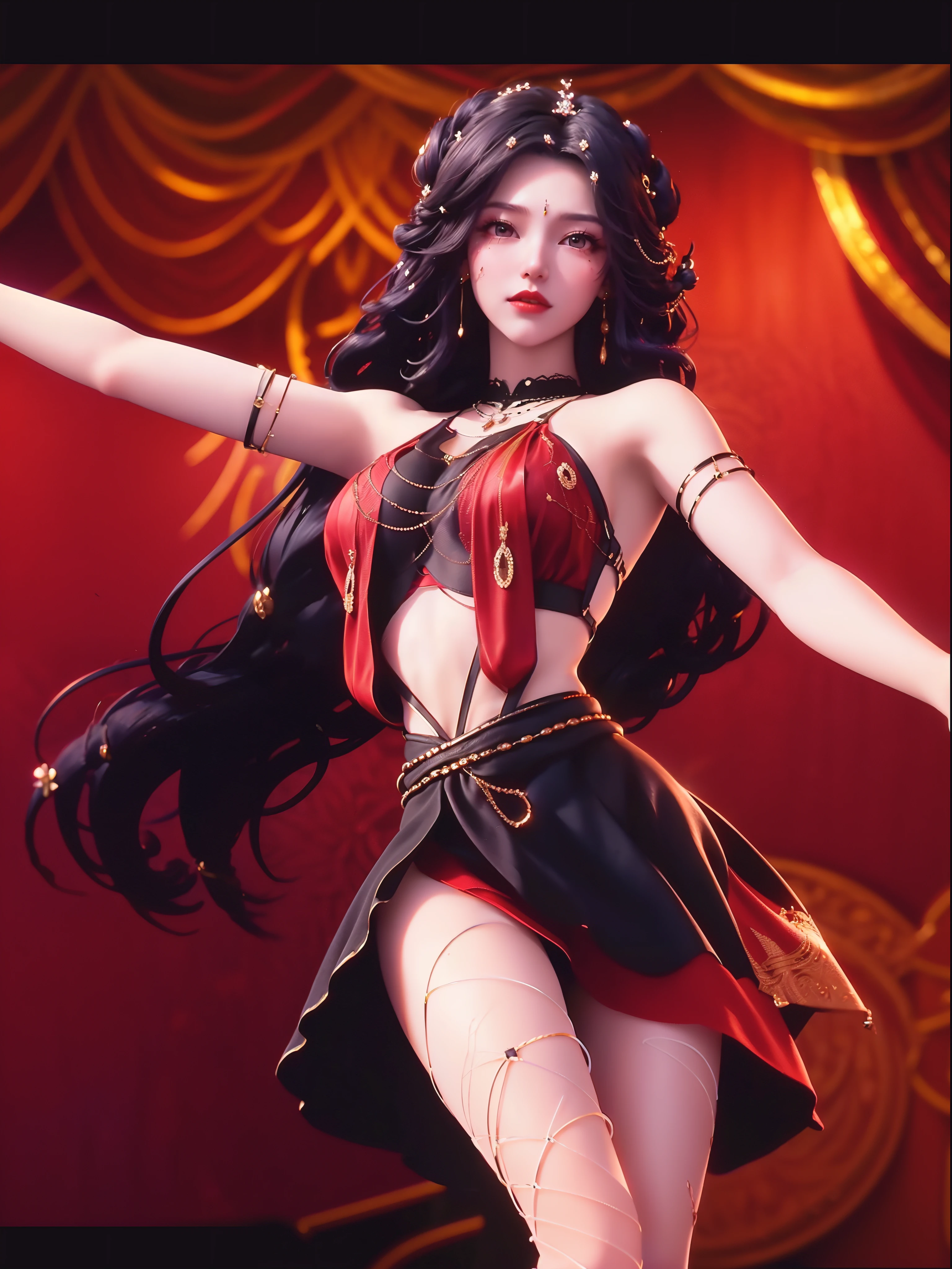 1 beautiful and sexy 20 year old girl, ((Wearing an ultra-thin red dress:1.6)), Diamond dress, ((Long black purple hair:1.6)), bangs, Jewelry made of gemstones and beautiful hair, ((Wear a black lace necklace:1.4))), Noble, The noble demeanor of a very beautiful girl, Her little face is super cute, Her face is beautiful, Thin eyebrows, flawless and beautiful face, ((black eye pupil: 0.8)), verybeautifuleyes, ((Black eyes: 1.6)), Beautiful makeup and hair detailed eyelashes, Hot eye makeup, High nose, Earrings, Red lips, ((Closed mouth: 1;5 )) Beautiful lips, Slim hands, The most beautiful thighs, ((Spread your arms to the sides: 1.5) ), Rosy face, Clean face, flawless and beautiful face, Smooth white skin, (Big breasts: 1.5)), ((high breasts: 1.6) ), Big taut breasts, The beautiful, (((and super rounded: 1.8))), ((Ultra-tight breasts: 1.7)) , Beautiful breasts, Perfect body, back arms, Chest out, Black thin mesh stockings,Black lace trim, (((Exposing the abdomen))), Don't be shy, 8k photograph, Super high quality, Super realistic, More than 10x pixels, lightwave, Bright Studio, Bright edges, twotonelighting, (High-detail skin:1.2), Super 8K, Soft lighting, High quality, voluminetric lighting, Photorealistic, Realistic high resolution, lighting, best photos, 4K, 8K quality, blurry effect, Smooth and sharp, 10 x pixels, ((Red flower background:1.5)), aurora, Lightning, Ultra-realistic graphics, The most realistic graphics, Alone, Solo, Extremely sharp images, Surreal,《((((((Squat,spread their legs,Long legs,high-heels,Full body photo))))))》