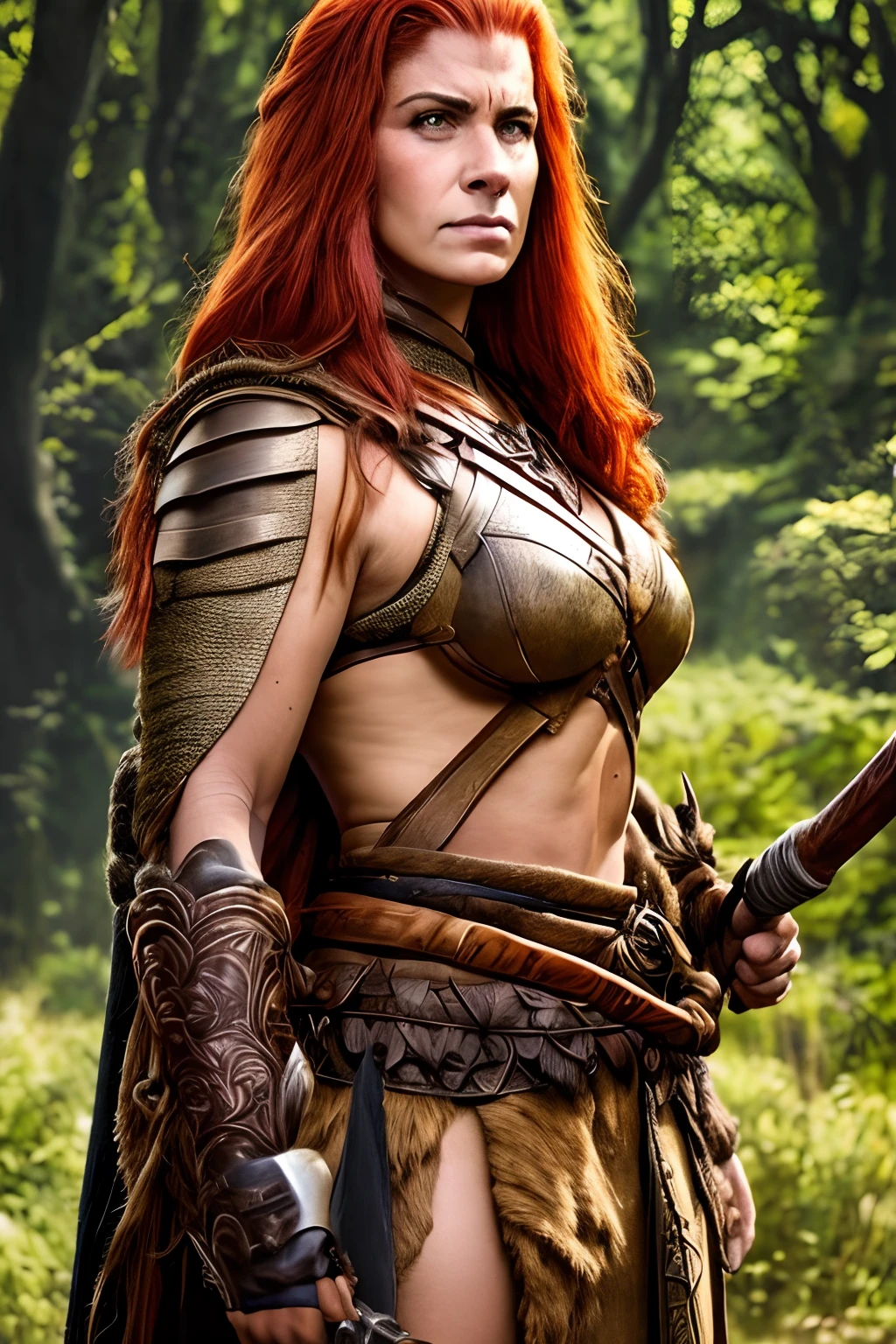 Arte inspirada John Buscema,um close up de uma mulher em um traje com uma espada, Rainha ruiva em armadura vermelha pesada, uma mulher berserker muito bonita, female redhead templar, dungeons and dragons character, barbarian woman, Guerreira do Norte, Shallan Davar, very beautiful female barbarian, Guerreira adulta do norte, portrait of a barbarian woman, barbarian warrior woman, d & d personagem de fantasia