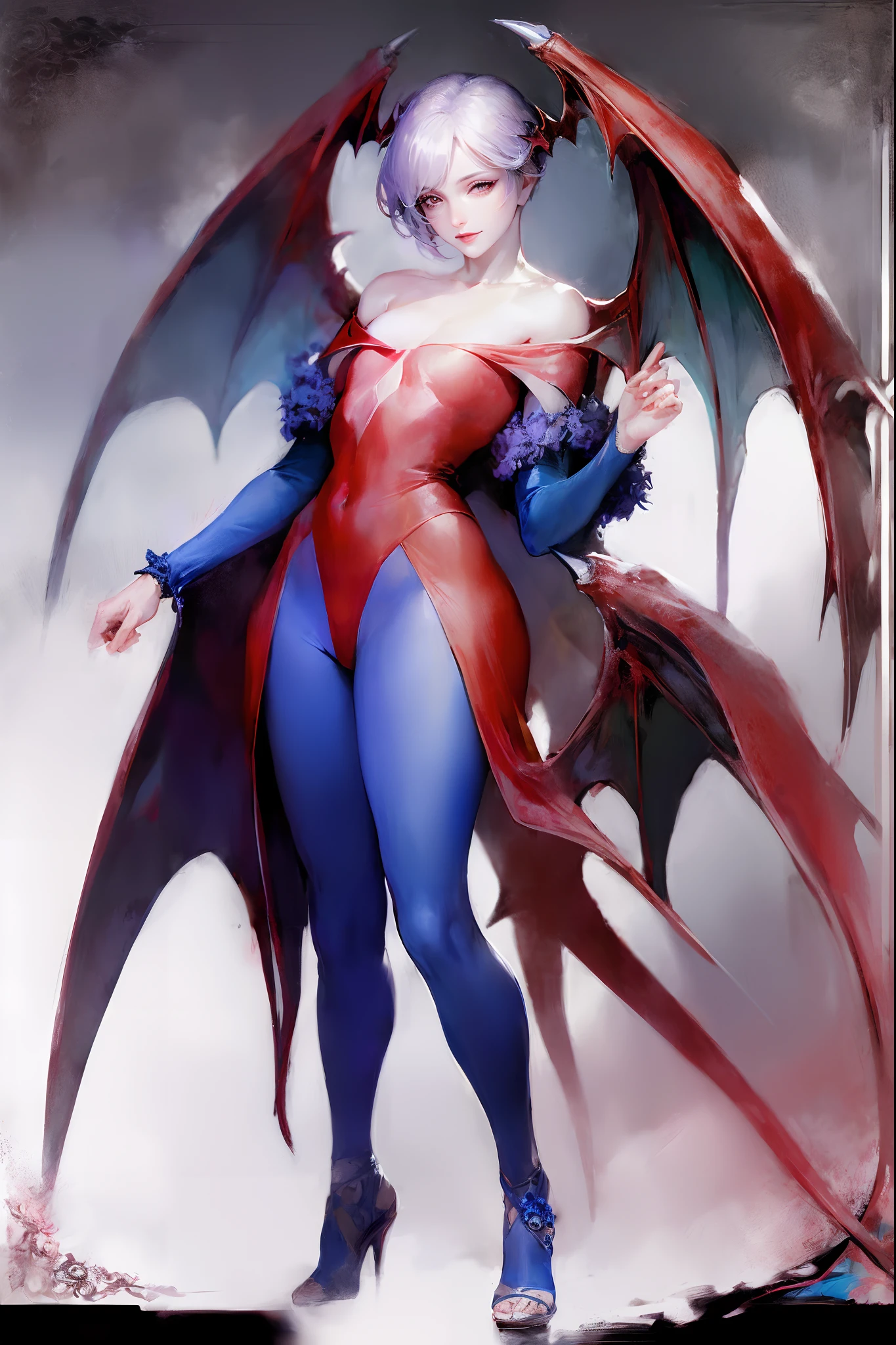 (best quality,masterpiece:1.2),intricate details,beautiful detailed eyes,beautiful detailed lips,extremely detailed eyes and face,longeyelashes,darkstalkers_lilith modeseven,super curvy,comic style,vibrant colors,standing,innocent, full body, standing, smile