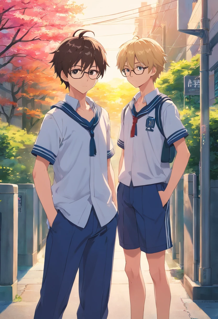 Two high school boys are standing and having a conversation. They are wearing Japanese high school uniforms, the gakuran. One has dyed blond hair and does not wear glasses. The other has dark hair, wears glasses, and looks like a nerd. Both are Japanese. The boy with blond hair has no eyes.