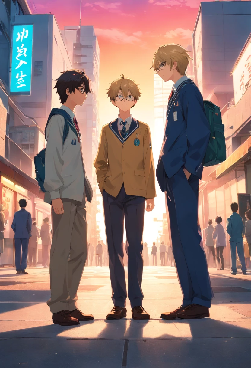 Two high school boys are standing and having a conversation. They are wearing Japanese high school uniforms, the gakuran. One has dyed blond hair and does not wear glasses. The other has dark hair, wears glasses, and looks like a nerd. Both are Japanese. The boy with blond hair has no eyes.