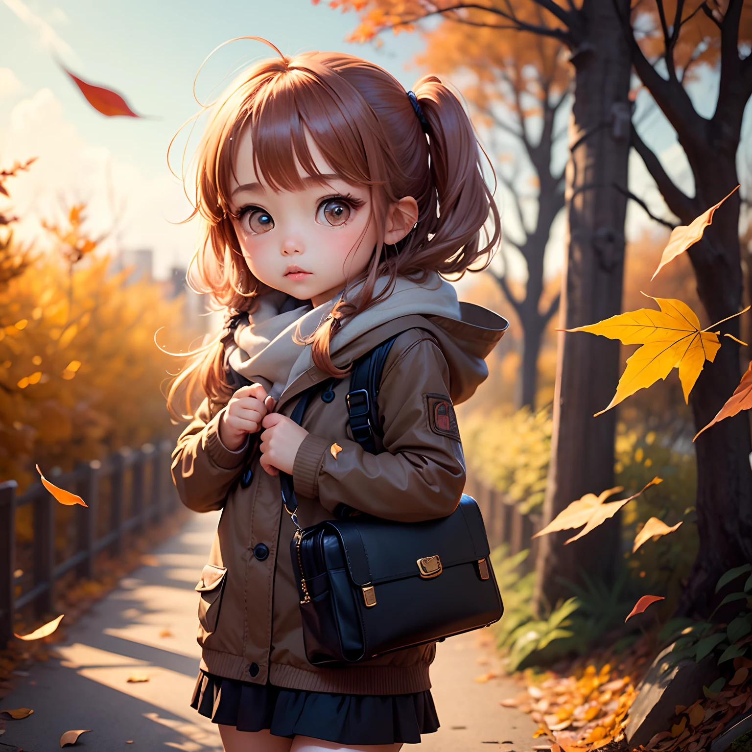 Create a loli baby chibi version of the Alice character in an 8K resolution. By Cartoon picture book of background is a Fushimi Inari-taisha Shrine in Japan, with many red torii gates, It's sunny, Detailed eyes, clear outlines, kawaii pose, A smile, Raise your right hand, Eye Up, Laugh, Cute red shoes, radiant light, Taken from the side. She should look adorable and cute. Give him a smiling expression and a sweet smile on his face, capturing the essence of the character in a delicate and charming way.