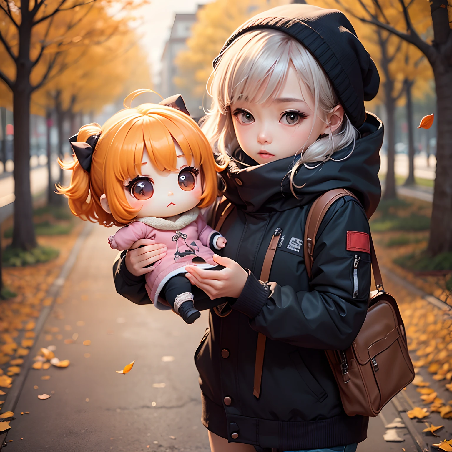 ​masterpiece、top-quality、ultra-detailliert、(Chibi Chara's Daughter:1.2)、Carry Case、leaves falling、Cold winds in autumn、