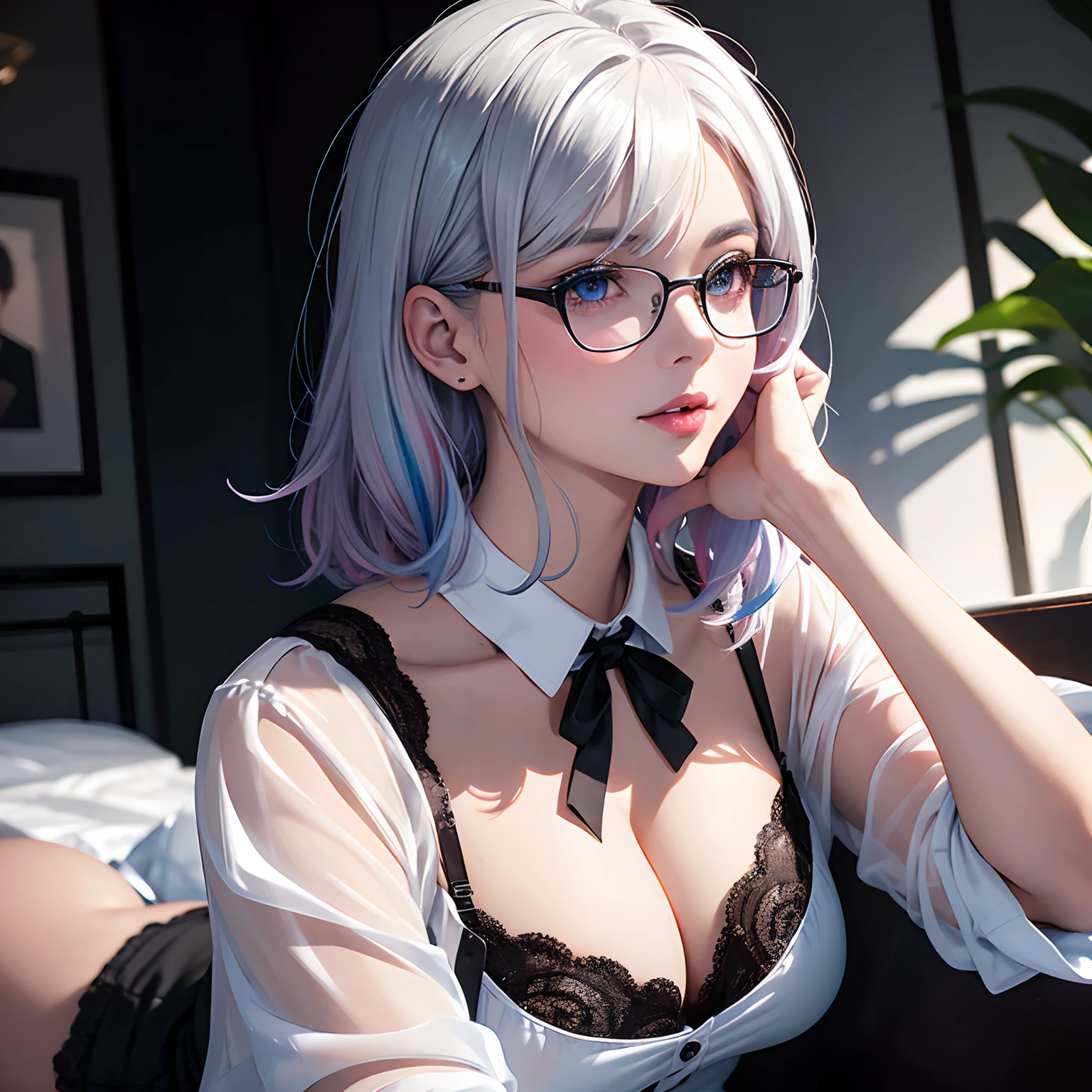 finest image, colorful and soft watercolor painting, portrait, intelligent sexy beauty, amorous expression, lewd expression, laugh, happy, shy, light silver glossy flowing layered messy wavy iridescent short hair, blue sparkling big eyes, red alluring moist big thick lips, unbuttoned white shirt, black miniskirt, black pantyhose, see-through red lace lingerie, glasses, great proportion, professional lighting
