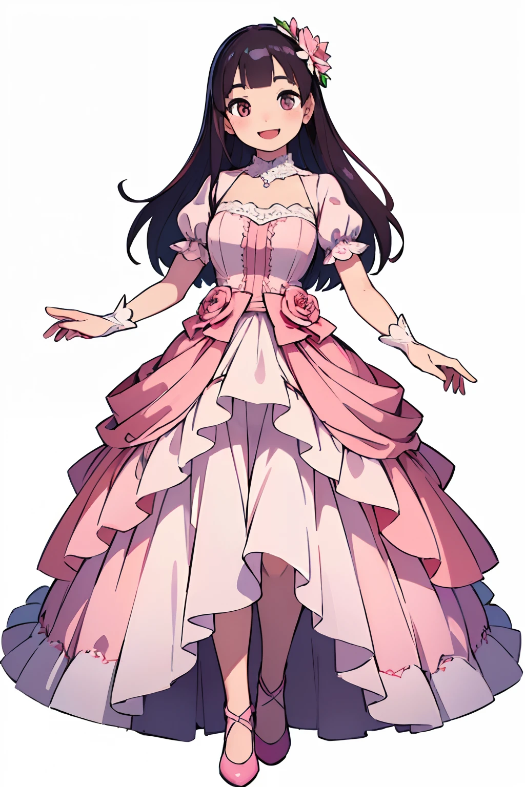 (Best quality,A high resolution,Ultra-detailed,Realistic:1.37),joyful expressions,Pale pink skin,Cheerful expression,Smiling eyes,The corners of the mouth are slightly upturned,Flowers blooming around,Elaborate dress,full body shot of,stand posture,Frontal view,Facing the viewer,White background