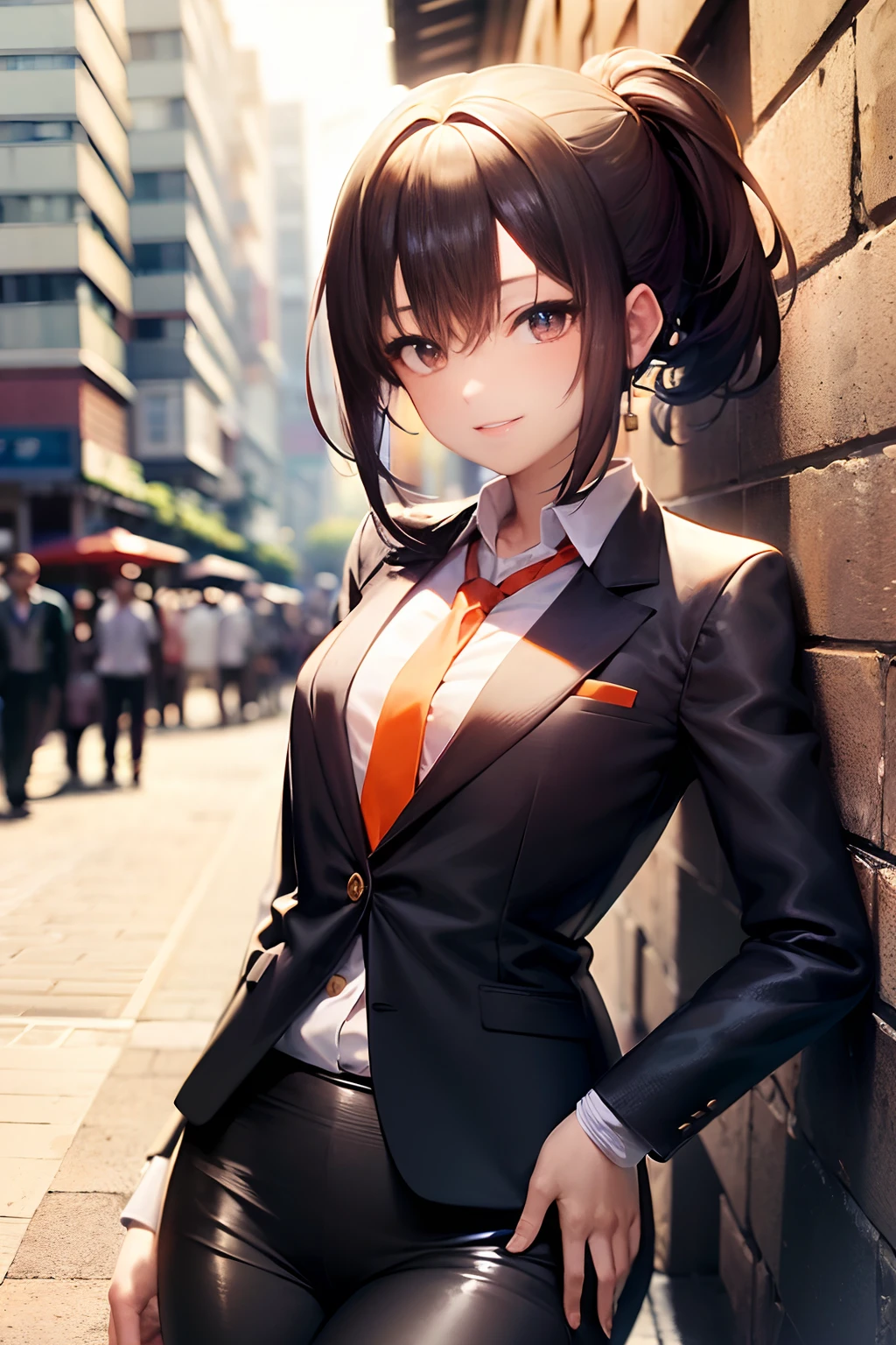 ((formal suit:1.5)), ((tight skirts:1.5)), Anatomically correct body,  very detailed face and eyes, ((Kyoto Animation Style)), super precision, ​masterpiece, very extremely beautiful, Princess Face, Boyish girl, shorth hair, Straight hair, Dark hair, Short ponytail, Black eyes, ((Smaller chest)), BREAK, ((orange necktie)),　cowboy  shot, dynamicposes, With smiling eyes, face excited, ((bars:1.5)), ((shop front)), lying on one's side, Latex,