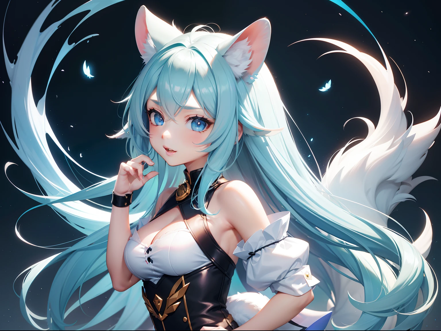 in woods、White-eared long-eared rabbit、I'm with a girl with long blue hair and a chibi character。It is a sexy and cute outfit in white and blue。Dark eyes。White panty. Adorable Digital Painting, cute detailed digital art, the squirrel king, Cute digital art, cute cartoon characters, cute character, CuteCreatures, Cutie, official illustrations, Official art, maplestory mouse, astri lohne, cute 3d render