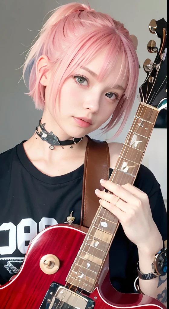 (masutepiece), (Portrait), (Aesthetic), (cute little), (upper blody), (High quality), (aesthetic clothings), (professional angle), (thirds rule), (Feminine), (Woman), , (Beautiful),(Feminine features), (18year old:1.4), Solo, 1 woman, (Charming punk girl), Blue eyes,Full body,faces、(A smile:1.5),(facing front:1.2),Dramatic light, ((Playing guitar)), (Small bust), ((electric guitar)), (Front face), (Defiant expression), ((defiance)), (Leather jackets and tattoos), ((Short hair)), (dyed (E.G. and pinks) hair), (spiky hair), (Thick hair), Matte Shine Hair, (Hair bands scattered in the hair), (Bold and bold look), (pale skin), (Dark clothes), (Band T-shirt), (Ripped jeans), crew neckline), ((Urban alley background)), (up close shot), Beautiful hands, Two hands, normal hands, Two arms, complete hands, Beautiful body, Beautiful fingers, normal fingers, Five Fingers, Five Fingers, (Thumb index finger ring finger), Beautiful ears, normal ears, Beautiful eyes, shiny eyes, Beautiful mouth, Beautiful lips,Medium hair with pink hair, (Pink hair), Ear Hair, small tits, Single braid, (Single braid), (Side braid)
