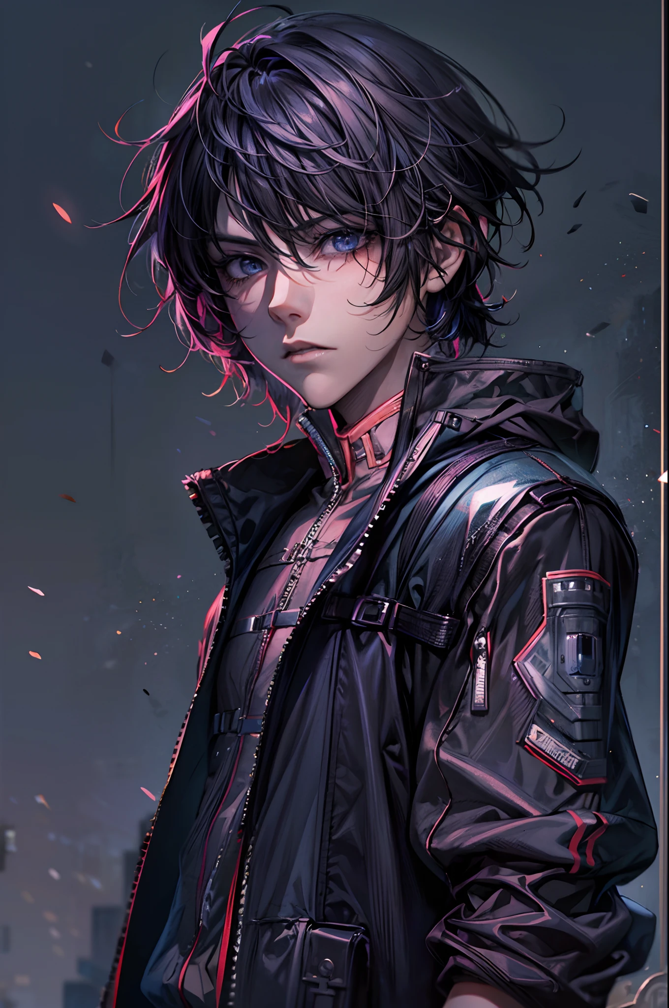 Anime male protagonist. Mysterious and enigmatic, . Unique and original, . Unconventional and non-conformist, . Ambitious and visionary, . Sophisticated and refined;, . Impressive and imposing, . Calm and composed, . Serious and reserved, . Silent and reserved) hyper detail, high resolution, super detail, best quality, amazing, top quality, extremely detailed CG Unity 8k wallpaper, cinematic lighting, cyberpunk, dark boy,