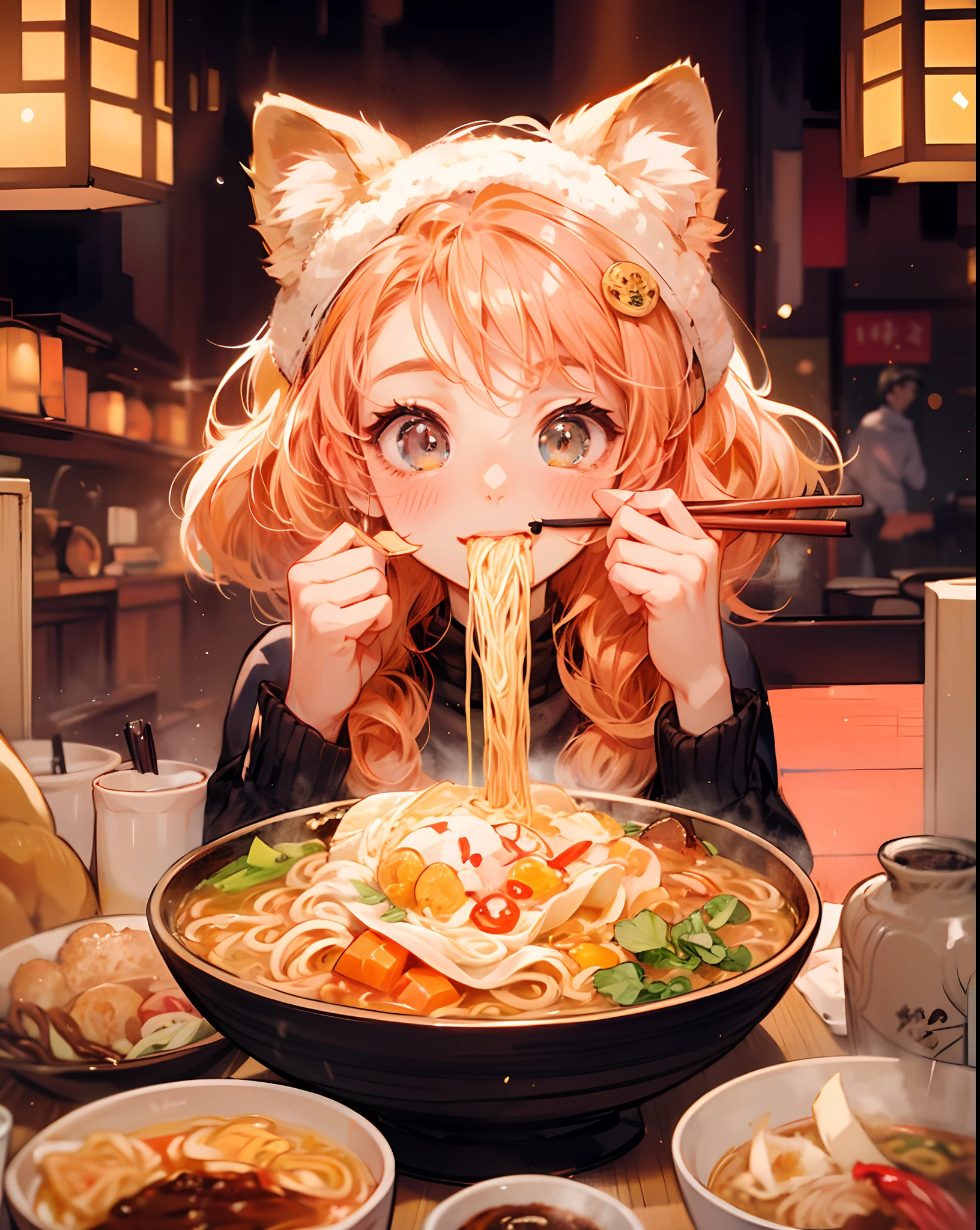 Cute lion girl , eyeglasses, eating , ramen, happy, chopsticks, excited, winter, winter hat and muffler , hot spring restaurant , colorful, manga style, nib pen technique, anime sketch style, very thick black lines --niji 5