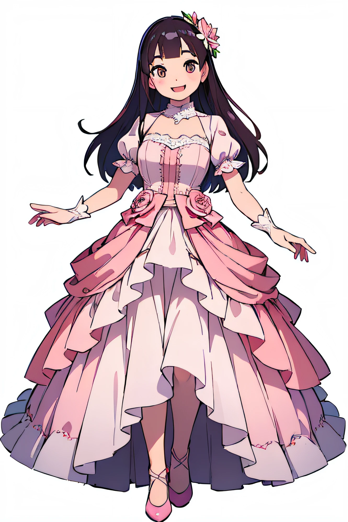 (Best quality,A high resolution,Ultra-detailed,Realistic:1.37),joyful expressions,Pale pink skin,Cheerful expression,Smiling eyes,The corners of the mouth are slightly upturned,Flowers blooming around,Elaborate dress,full body shot of,stand posture,Frontal view,Facing the viewer,White background