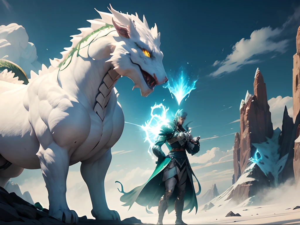 In a stunning mountain setting, A green dragon and a white dragon emerge from the heavens, seus rugidos ecoando pela paisagem. The Green Dragon, moved by his uncontrollable fury, investe contra um mago super poderoso, whose dexterity and magical abilities are legendary. Enquanto isso, The White Dragon, com sua majestosidade imponente, investe contra uma feiticeira poderosa e extremamente sedutora, whose charm is capable of bewitching any being. In the midst of the epic battle, a magia, Fire and desire intertwine, fueling a confrontation where only one side will emerge victorious. Who will triumph in this mystical clash between strength and magic?