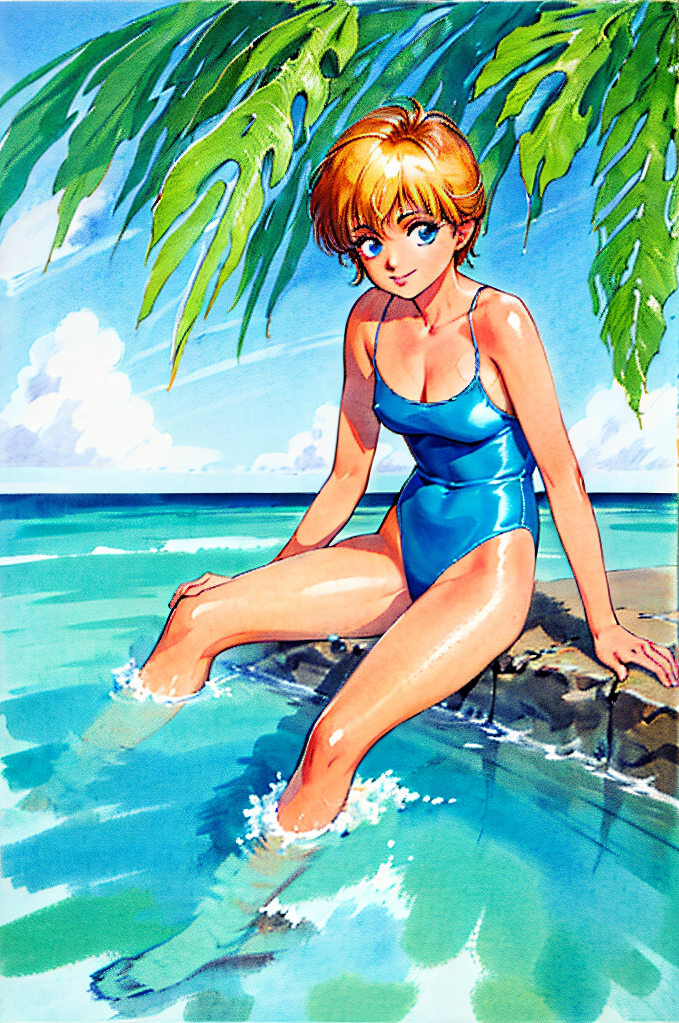 TAKADA AKEMI, PAINTING \(MEDIUM\), RETRO ARTSTYLE, TRADITIONAL MEDIA, WATERCOLOR \(MEDIUM\), 1980S \(STYLE\), (only 1 girl), ((solo)), short hair, blue eyes, blond hair, smiling, detailed eyes, Perfect features, (masterpiece), (best quality:1.4), absurdres, [:intricate details:0.2], moist skin, shiny skin, glossy skin, (masterpiece, best quality, good quality:1.4), masterpiece, intricate details, ((2 PEICE)) ((SWIMSUIT)), (LOOKING AT VIEWER), OUTDOORS, BEACH, CLOSE UP, SEXY
