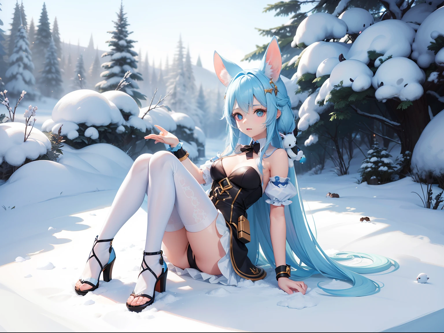 in woods、White-eared long-eared rabbit、I'm with a girl with long blue hair and a chibi character。It is a sexy and cute outfit in white and blue。Dark eyes。White panty. Adorable Digital Painting, cute detailed digital art, the squirrel king, Cute digital art, cute cartoon characters, cute character, CuteCreatures, Cutie, official illustrations, Official art, maplestory mouse, astri lohne,  cute 3d render